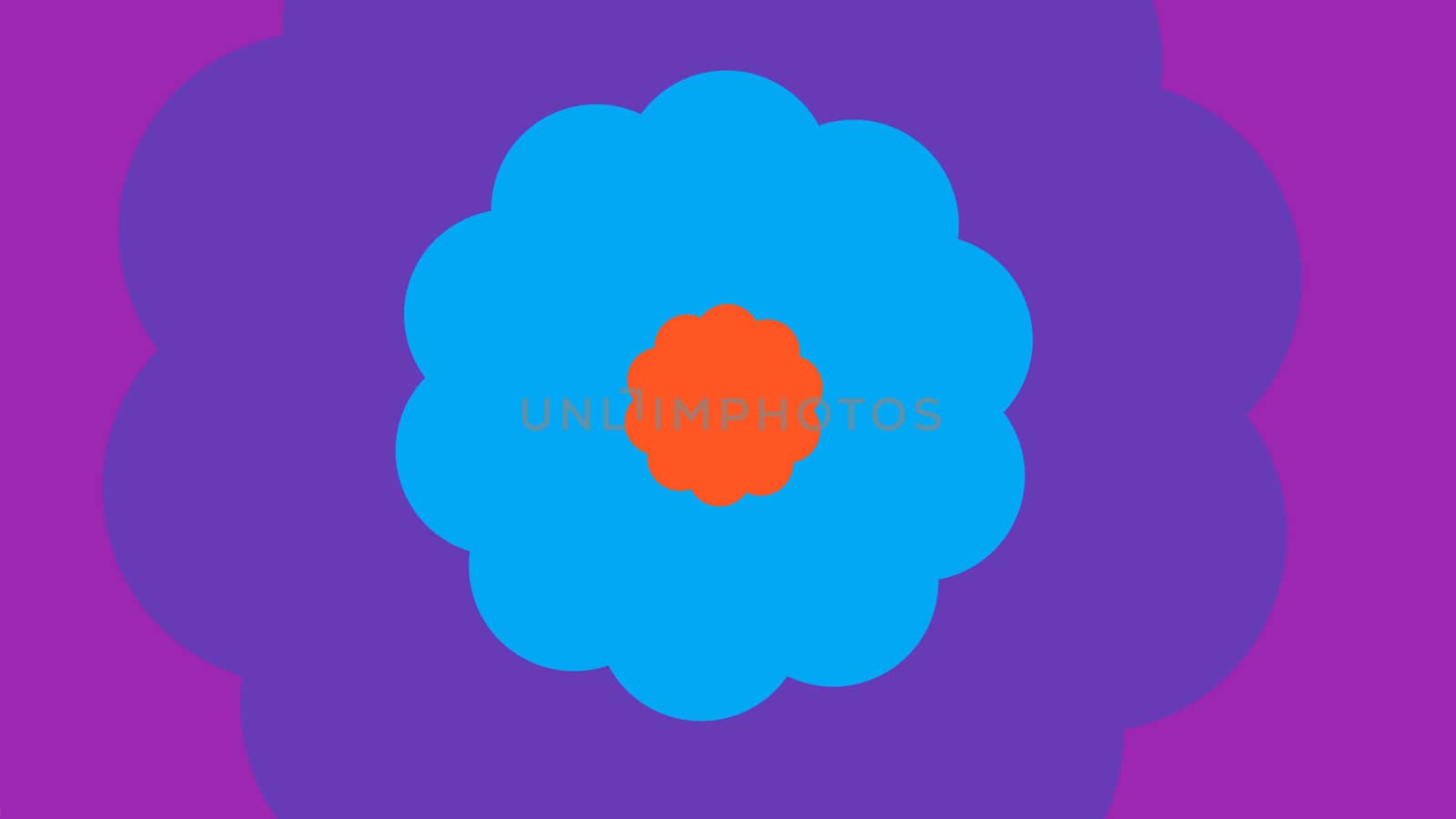 An arty 3d illustration of cartoon flowers with ten petals inserted in each other. The smallest is orange, the middle is blue, and the biggest is violet. They are on pink backdrop.