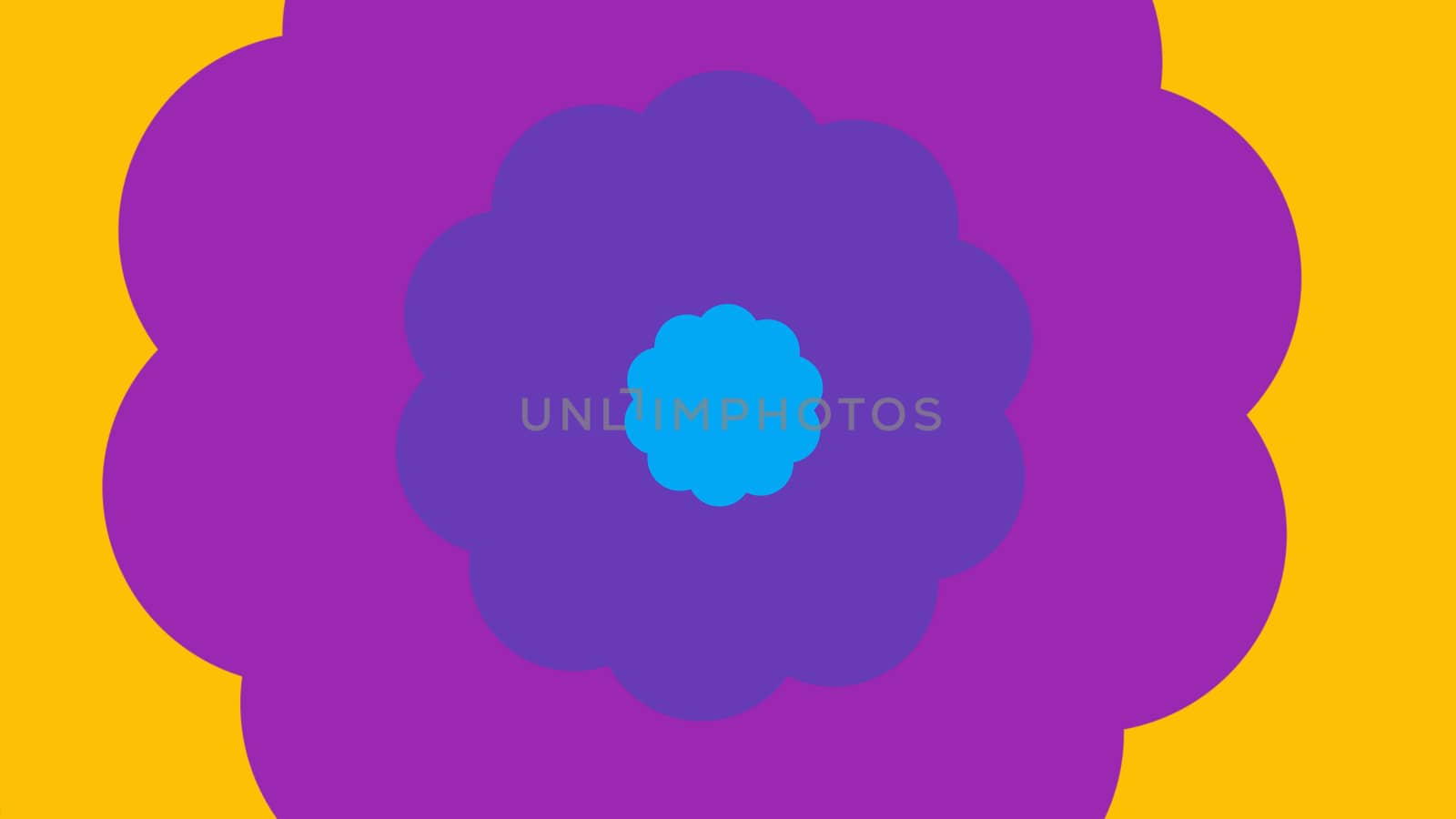 An optimistic 3d illustration of cartoon flower with many petals put in each other. The smallest is celeste, the middle is blue, and the biggest is violet. They are on the yellow backdrop.