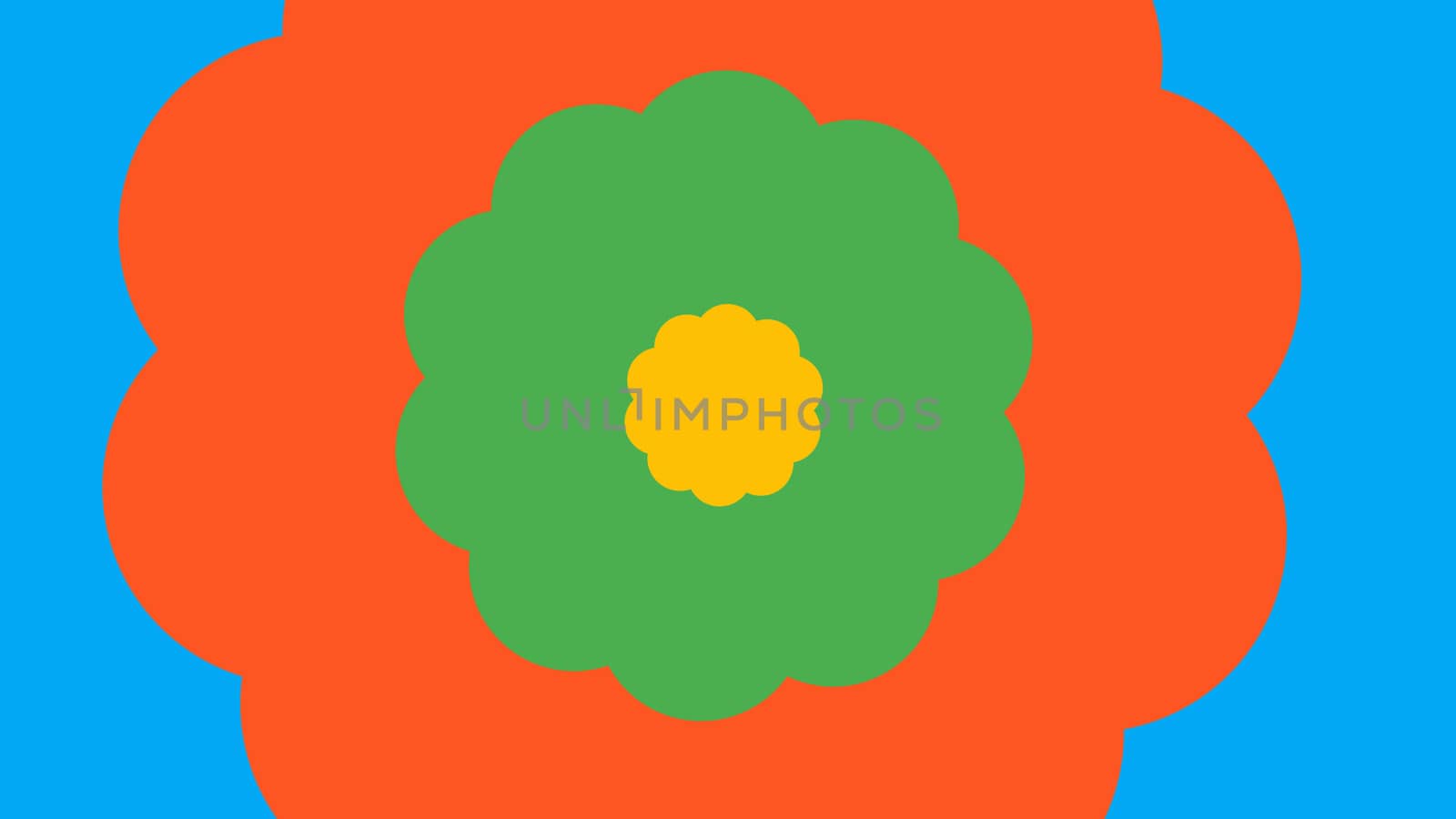 A cheery 3d illustration of cartoon blossom with ten petals placed in each other. The smallest is yellow, the middle is green, and the biggest is orange. They are on the blue backdrop.