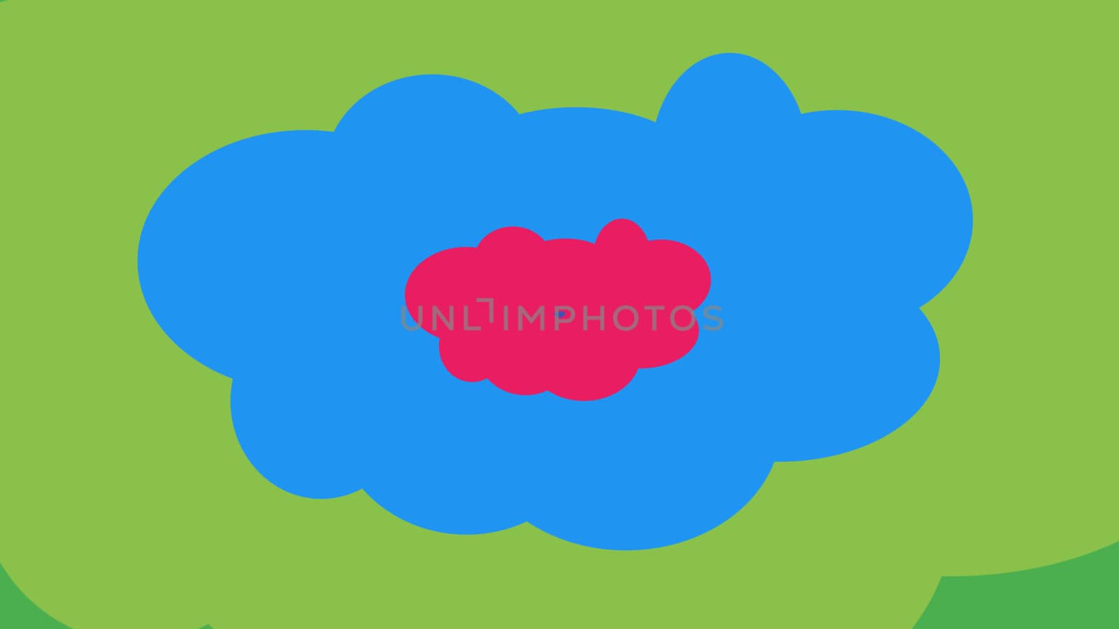 A joyful 3d illustration of multicolored cartoon clouds placed in each other. The smallest is pink, the middle is blue, and the biggest is salad. They are in the green backdrop.