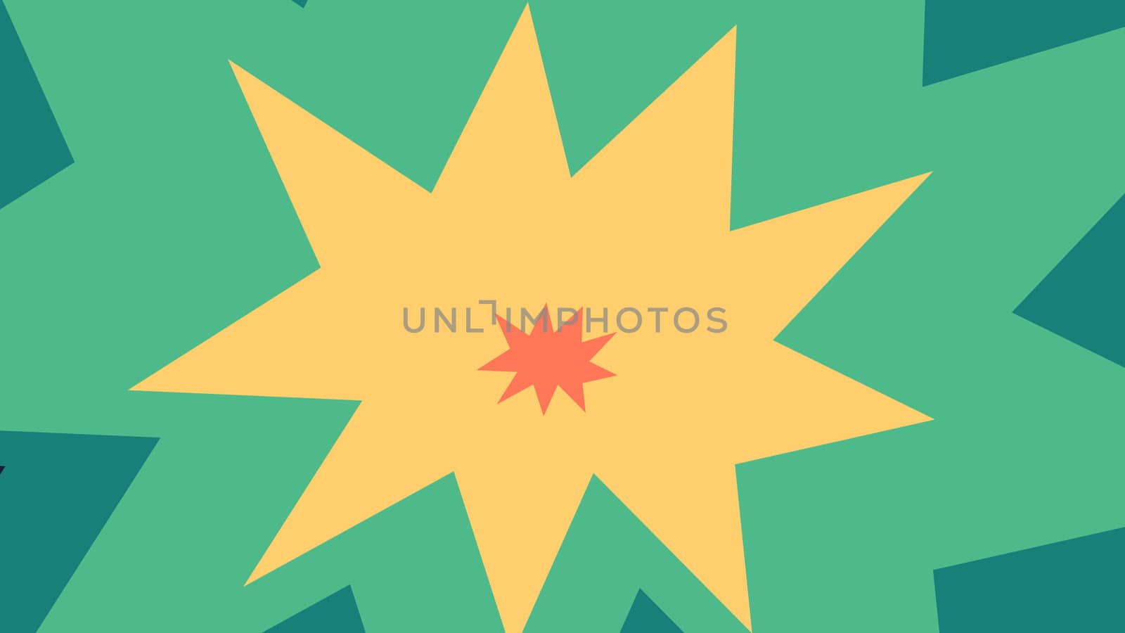 A cheerful 3d illustration of multicolored ten pointed stars put on each other in the blue background. They look childish and are of brown, yellow and green colors 