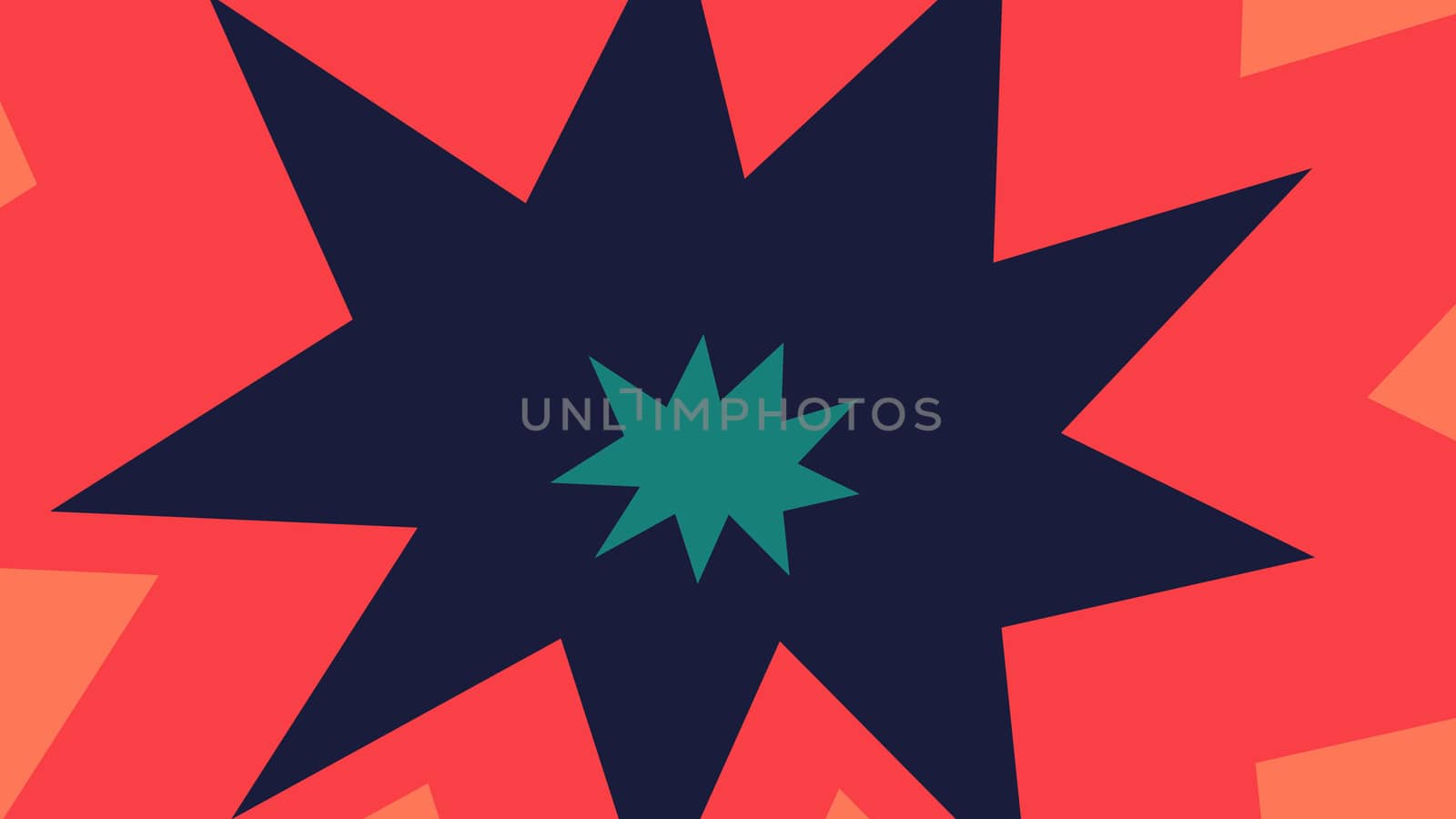  An optimistic 3d illustration of multicolored nine pointed stars imposed on each other in the pink background. They look cheerful and are of celeste, dark blue and red colors 