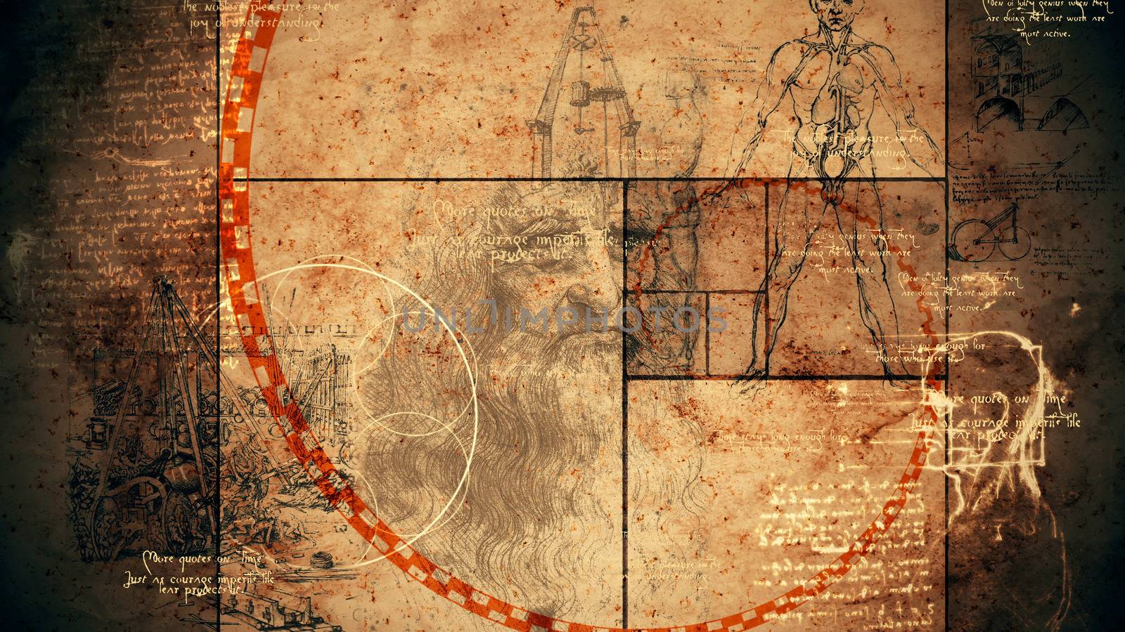 An impressive 3d rendering of code Da Vinci with the portrait of the Italian master, a human skull, some construction and the Vitruvian man showing the anatomy of a person. 
