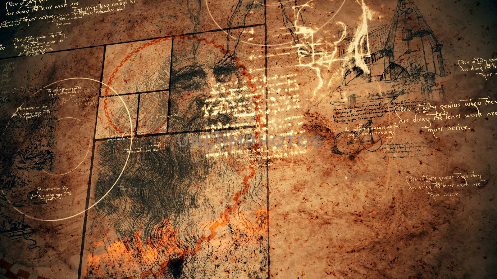 A stunning 3d rendering of code Da Vinci with the portrait of the wise bearded master, a human skull, some bicycle, bright circles, shining texts and black squares placed aslant. 