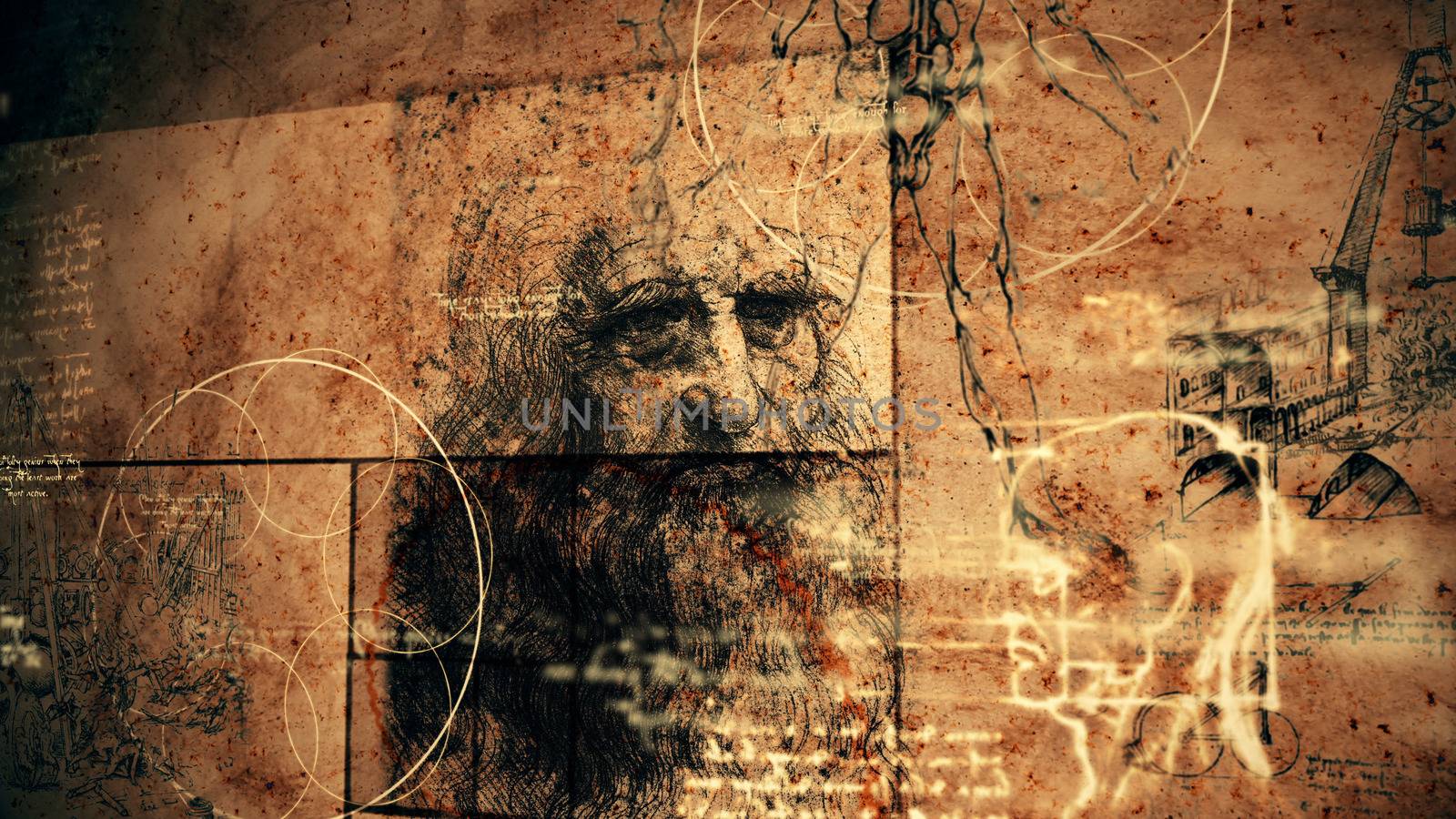 A striking 3d rendering of code Da Vinci with the portrait of the Italian master, a human skull, some crane, inscriptions and the Vitruvian man showing the anatomy of a man. 