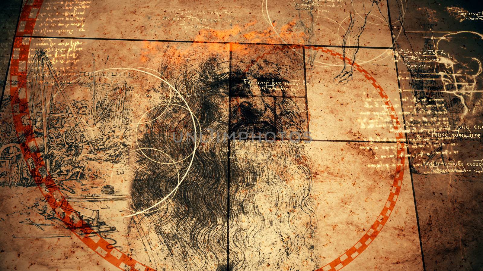 A geometrical 3d rendering of code Da Vinci with the portrait of the old Italian master, a human skull, some bright texts and a spiral of golden ratio placed in black squares. 