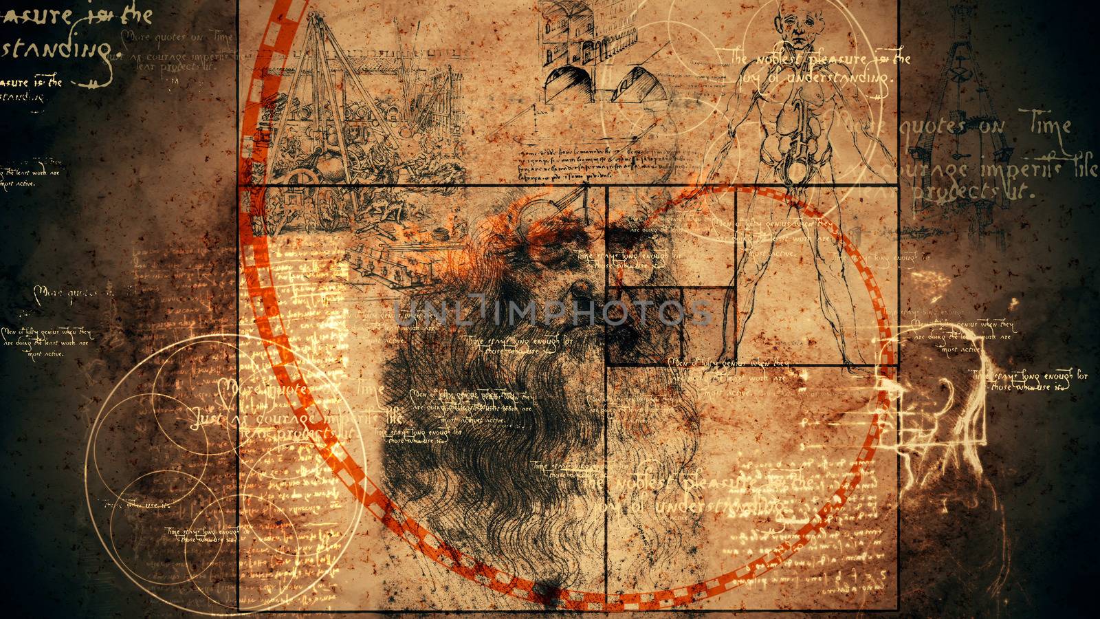 A graphic 3d illustration of code Da Vinci with the portrait of the old Italian genius, a human skull, some sphere with six circles, some texts and a red spiral of golden ratio. 