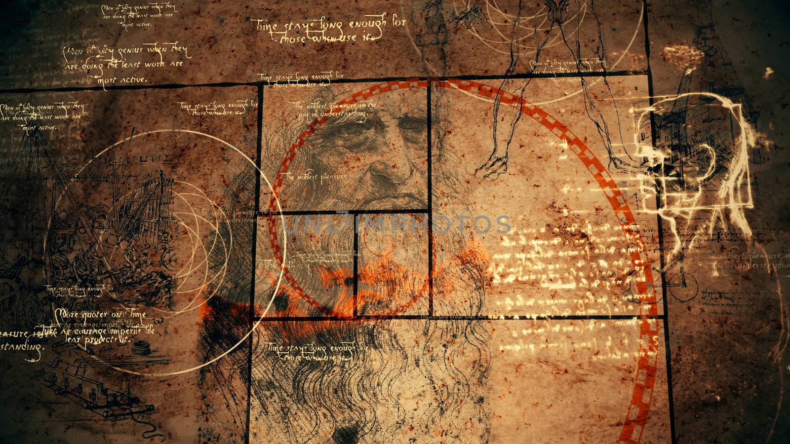 A vintage 3d illustration of code Da Vinci with the sacred texts, the portrait of the bearded genius, a human head, a sphere with circles, and red golden spiral in black squares. 