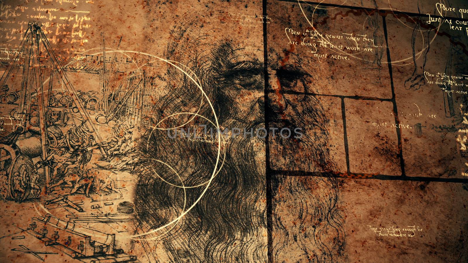A breathtaking 3d illustration of code Da Vinci deciphered in a golden spiral, black squares, bright quotes and the portrait of the old bearded Italian master looking enigmatically. 