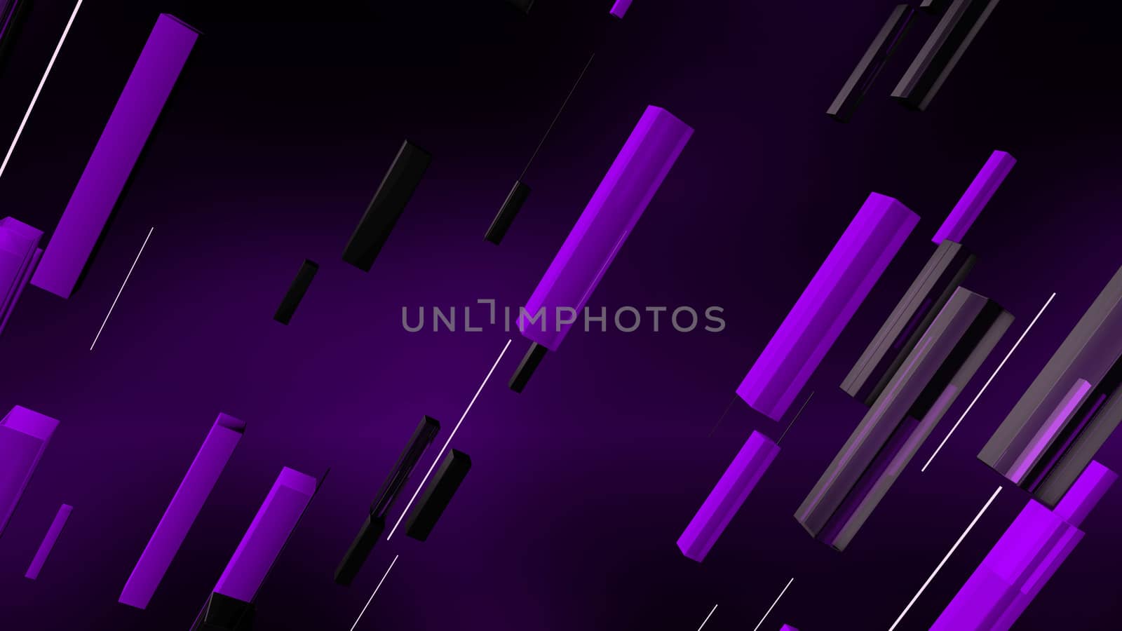 A futuristic 3d illustration of black and white lines dashing diagonally in the dark violet backdrop. They are full of sparkling energy and create the mood of optimism.