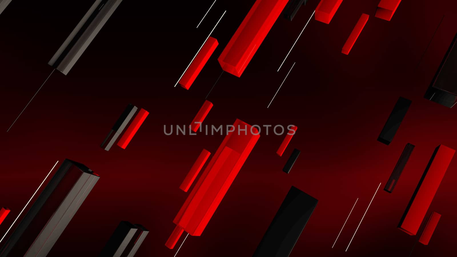 An arty 3d illustration of red, grey and black rectangular lines and thin white spokes moving aslant in the dark purple background. They are full of optimistic dynamism.
