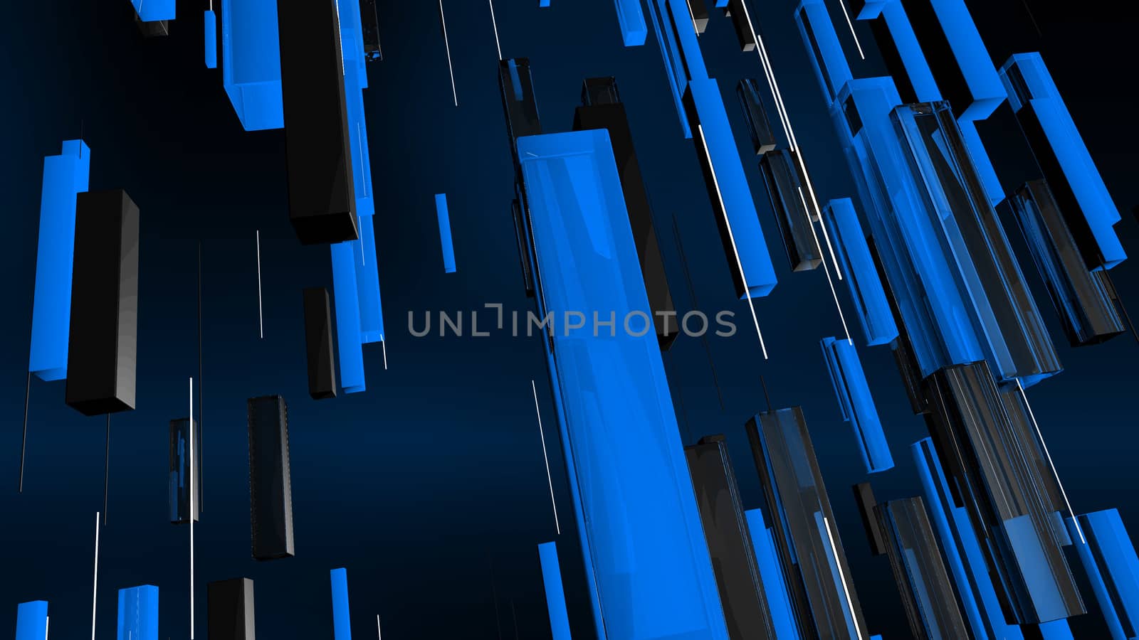 A wonderful 3d rendering of cyan and black rectangular lines falling together with white spokes in the dark blue background. They are full of jovial vitality and liveliness