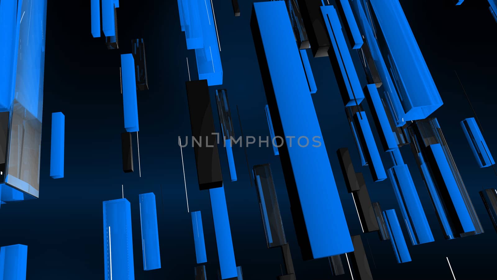 A splendid 3d illustration of blue, grey and black rectangular pipes falling together with white lines in the ultramarine background. They are full of optimistic vigor and spirit