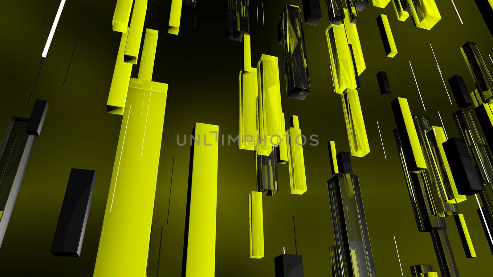 A luxurious 3d rendering of golden, grey and black rectangular tubes falling together with white lines in the dark yellow background. They create the mood of richness and prosperity