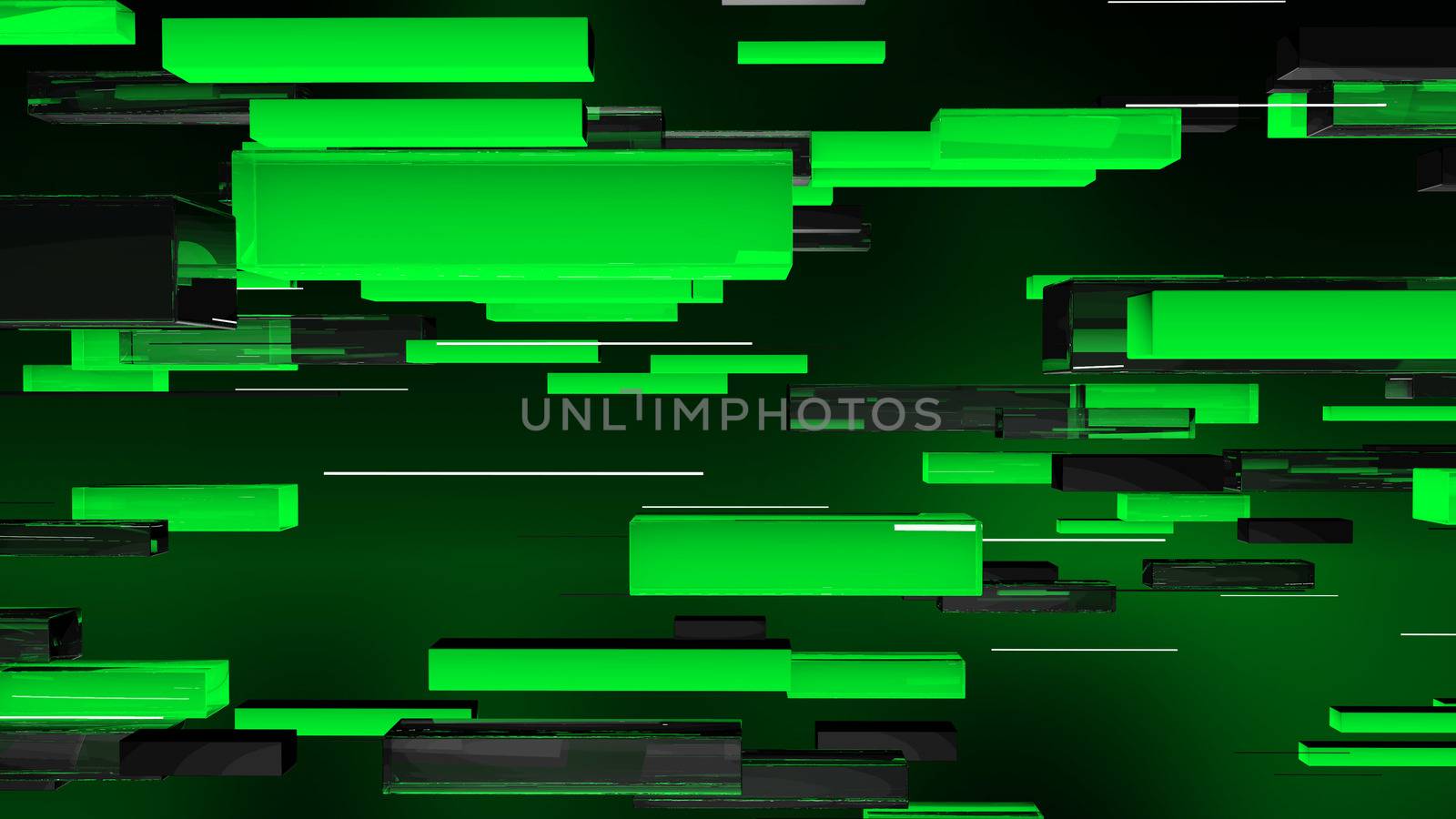 A cheerful 3d illustration of bright green and black horizontal rectangular tubes flying together with white lines in the dark green backdrop. They generate the spirit of hope and luck.