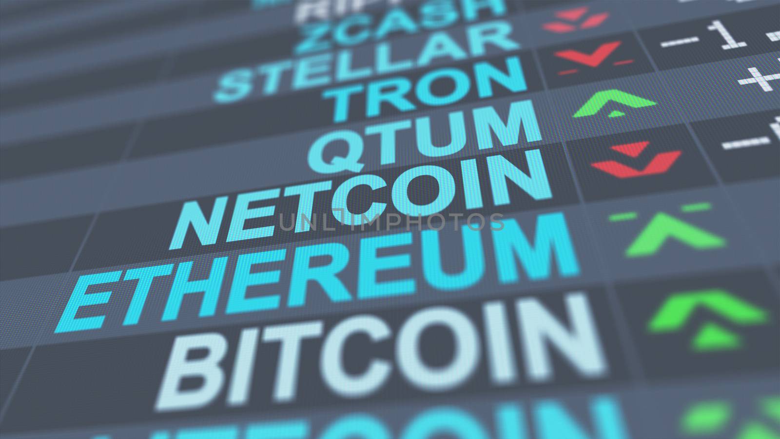 A thrilling 3d illustration of crypto currency exchange indicators of Bitcoin, Tron, Qtum, Stellar with white numbers, pluses and minuses, red and green arrows, on a screen placed aslant 