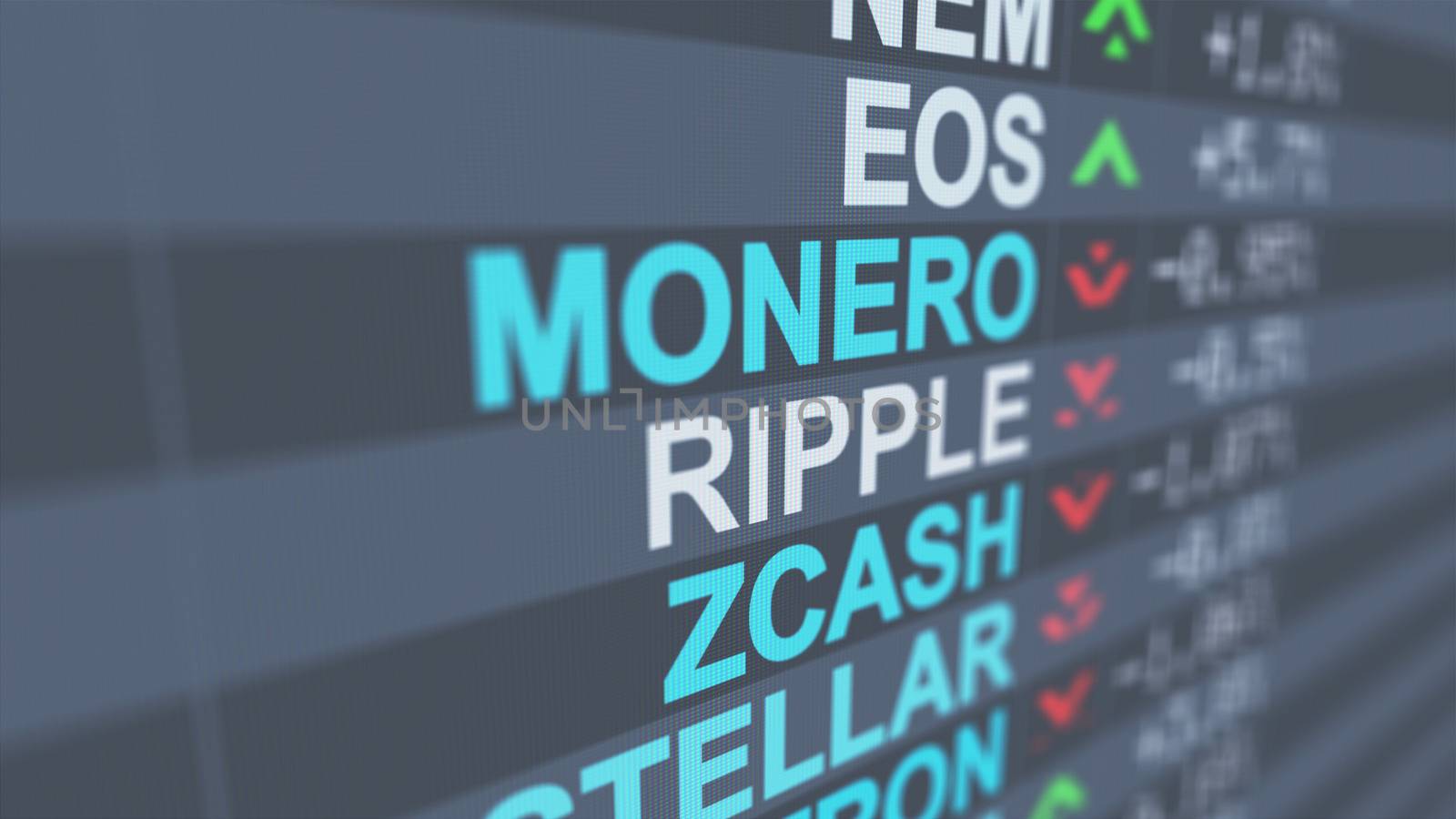 A splendid 3d rendering of crypto currency exchange indicators of  Zcash, Monero, Ripple with digits, pluses and minuses, red and green arrows, on a black screen placed askew 