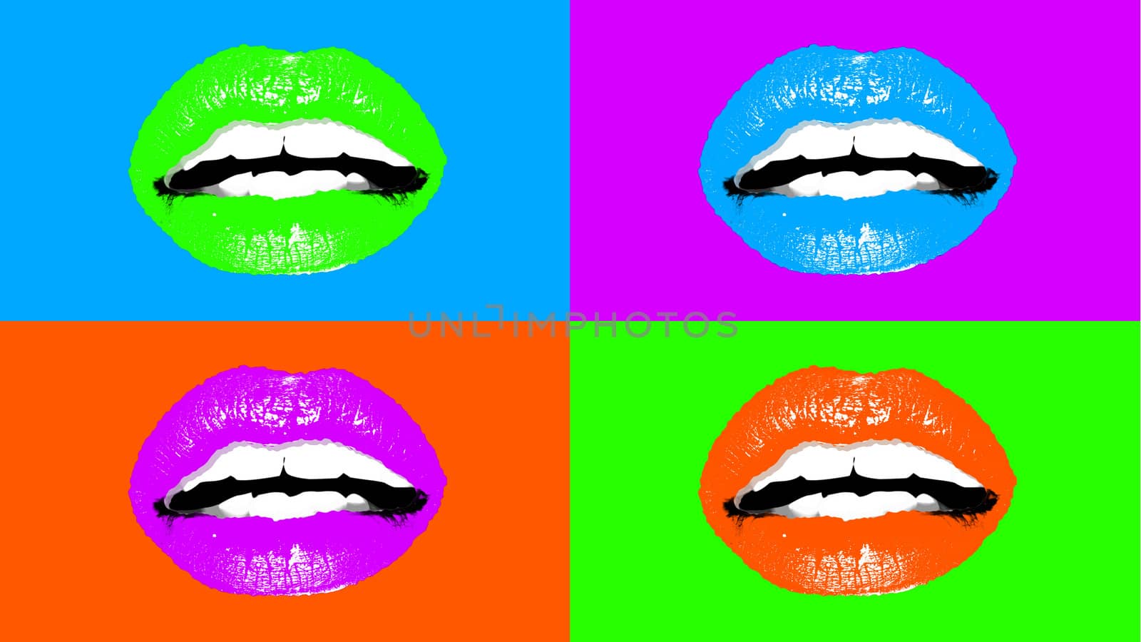 An affecting 3d illustration of four appealing female mouths with fleshy lips and well-shaped white teeth put in the multicolored backgrounds. They look appealing and lovely.