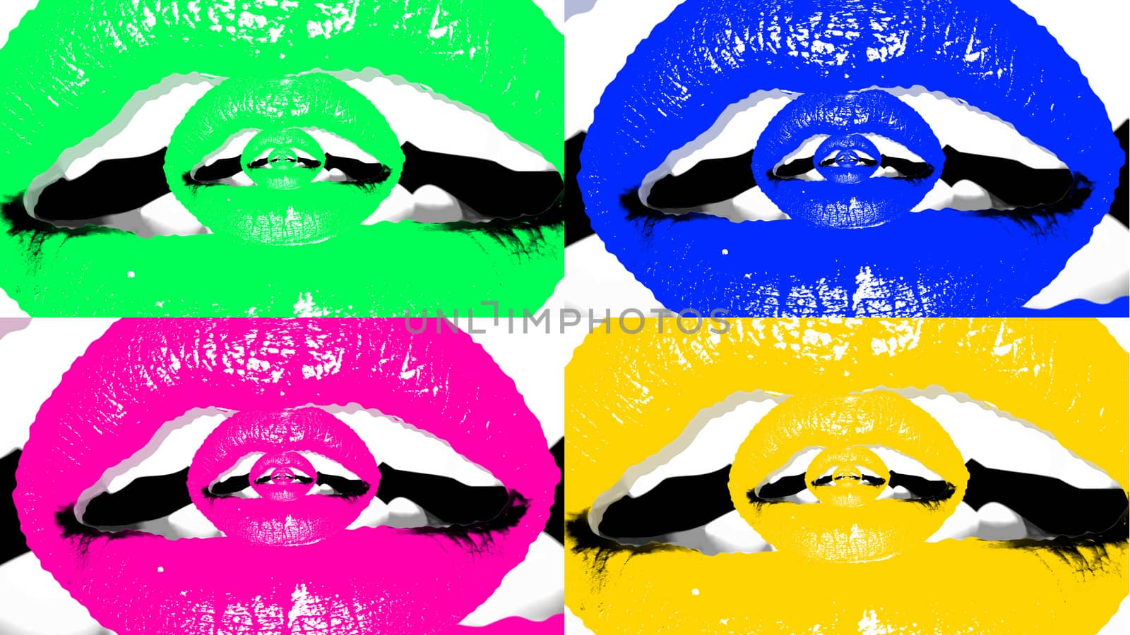 A fantasy 3d illustration of four appealing female mouths with plump lips and white teeth put in the multicolored backgrounds. Inside of them there are tender portals from small lips.