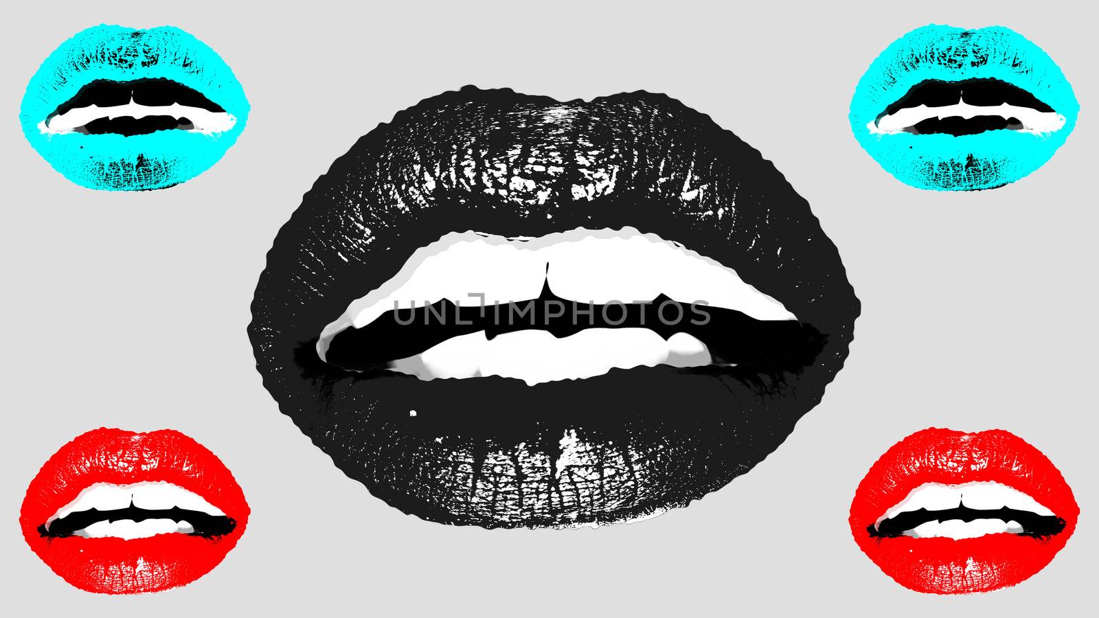 An emotional 3d rendering of five appealing female mouths with blue, red and black lips and black and white teeth in the white background. They look attractive and exciting.