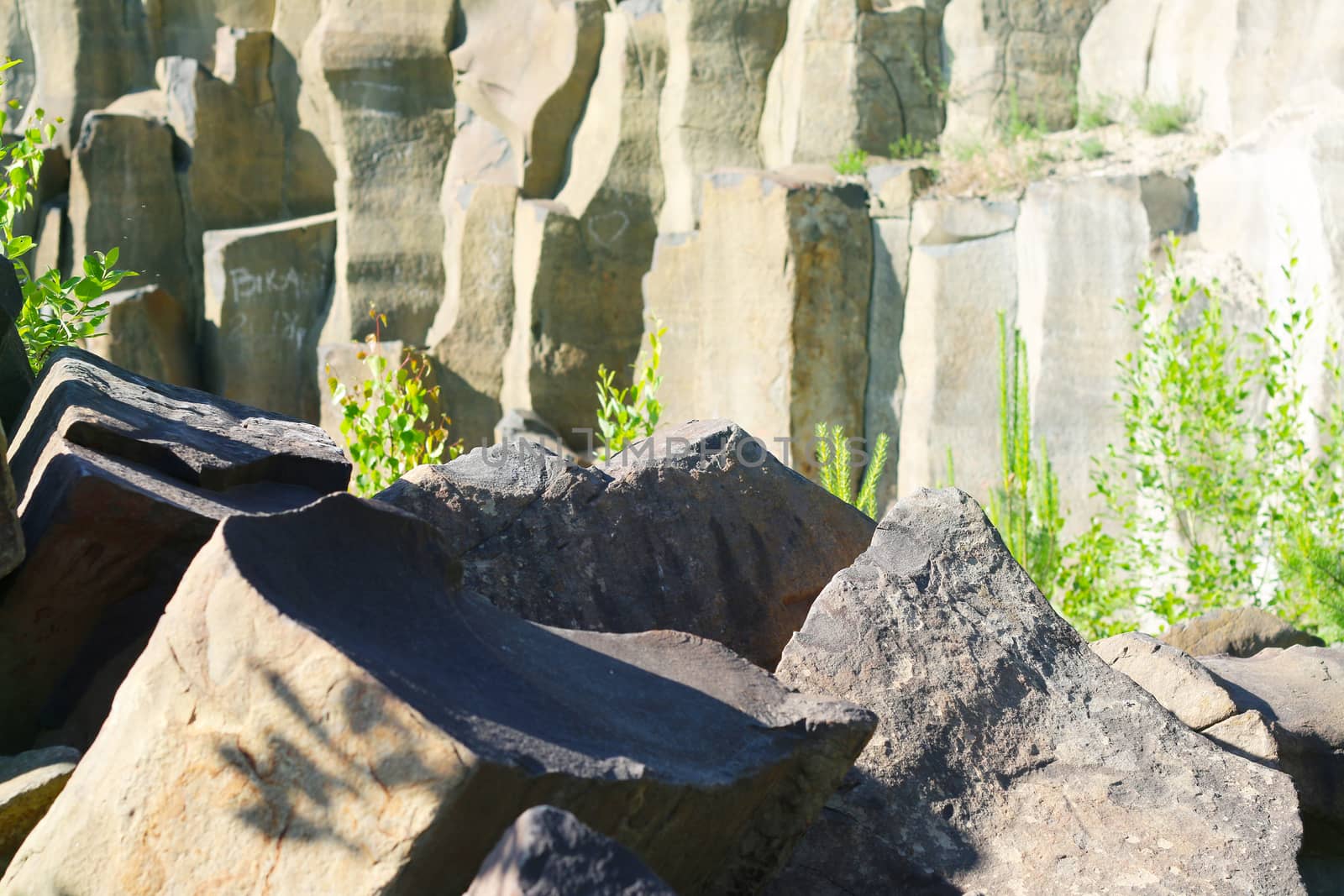 Basalt stones and columns nature background. Beautiful geological landscape