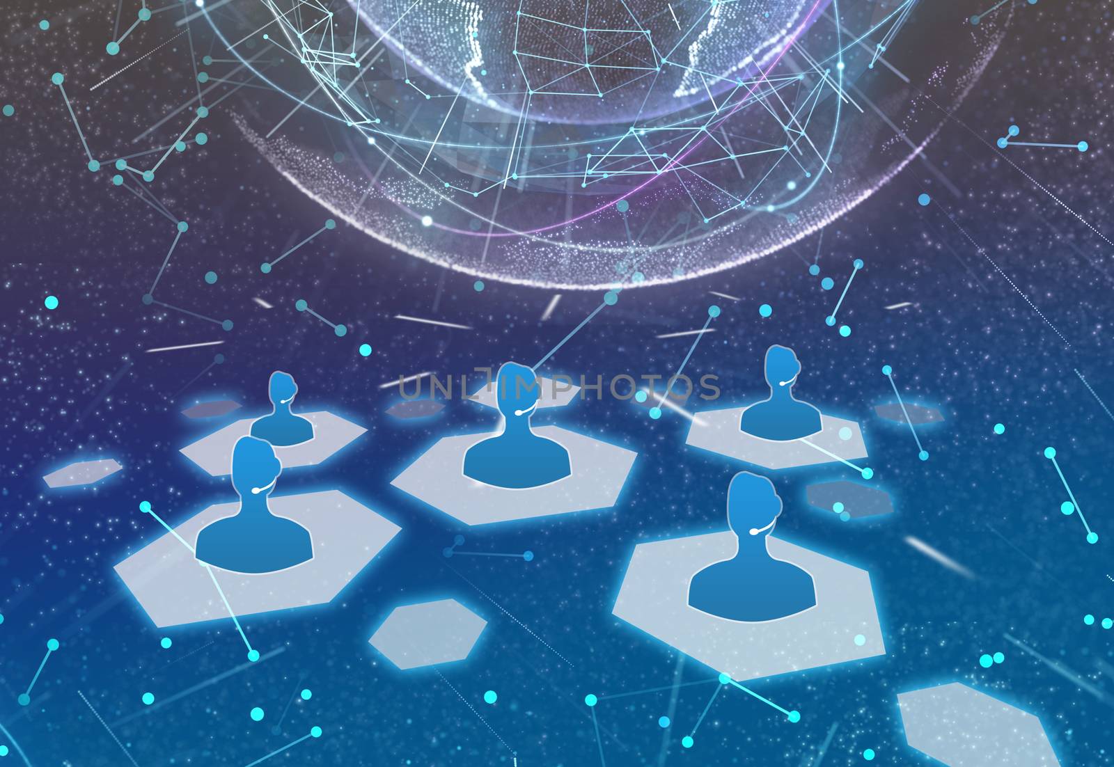 Earth in the dark blue background and a call centre network on top of it. Concept of globalisation. 3d illustration.