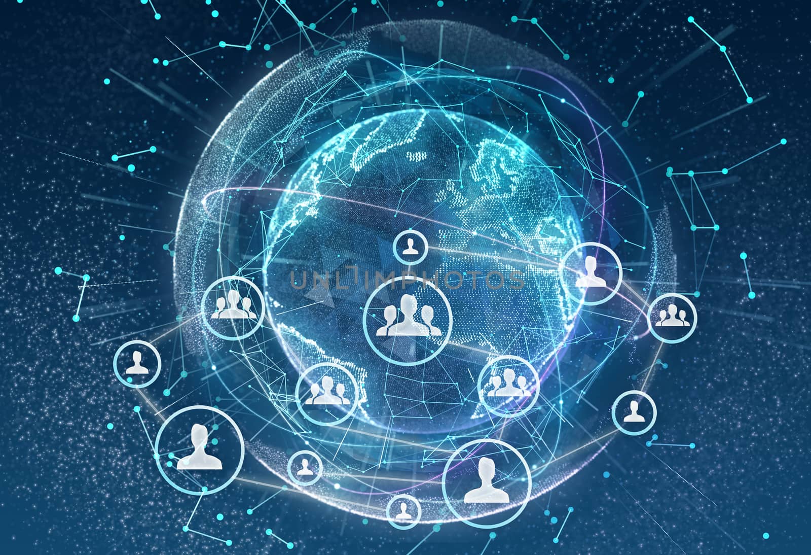 Linking entities. Networking, social media, communication on earth background. Small network connected to a larger network by Mirexon