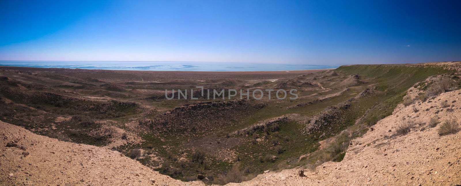 Panorama view to Aral sea from the rim of Plateau Ustyurt near Duana cape , Karakalpakstan, Uzbekistan by homocosmicos