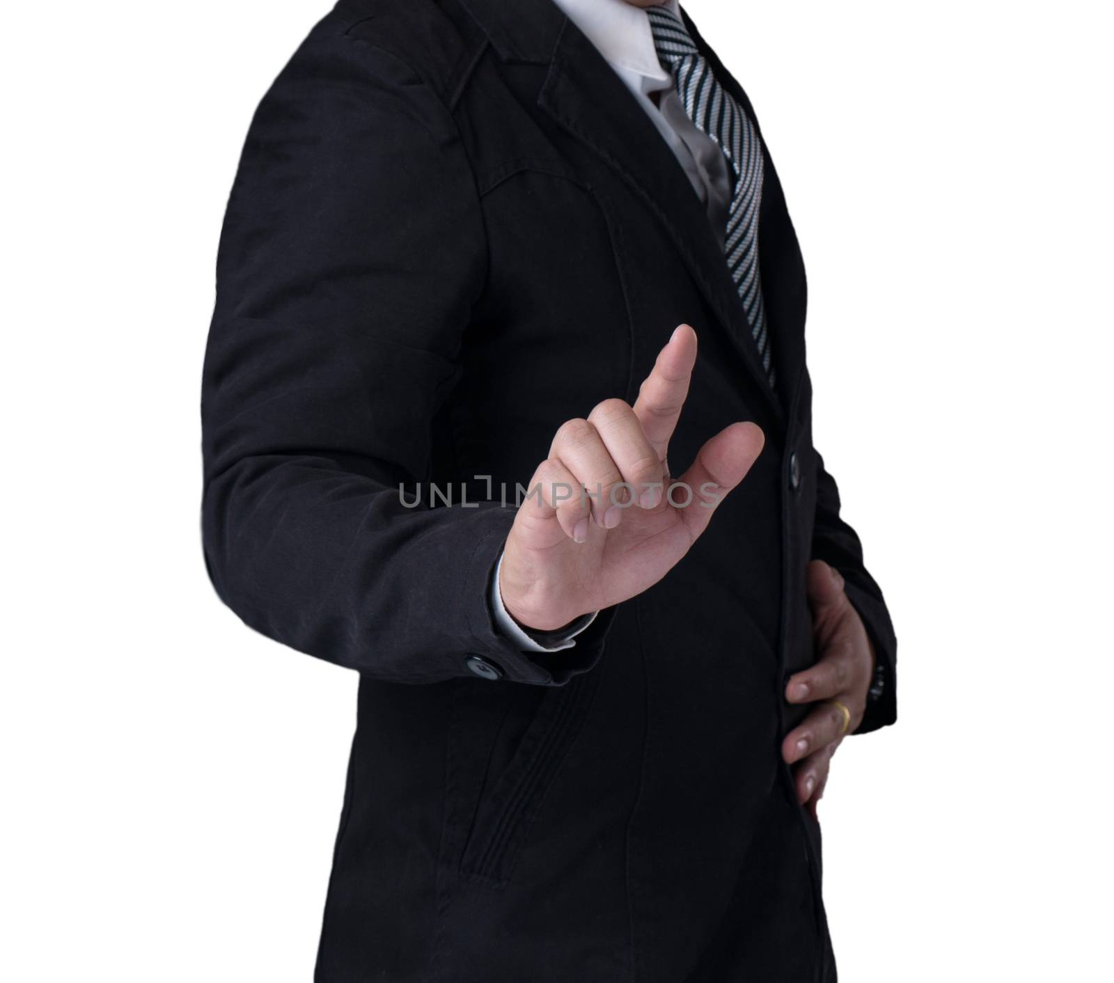 Businessman in business suite pointing finger isolate on white background
