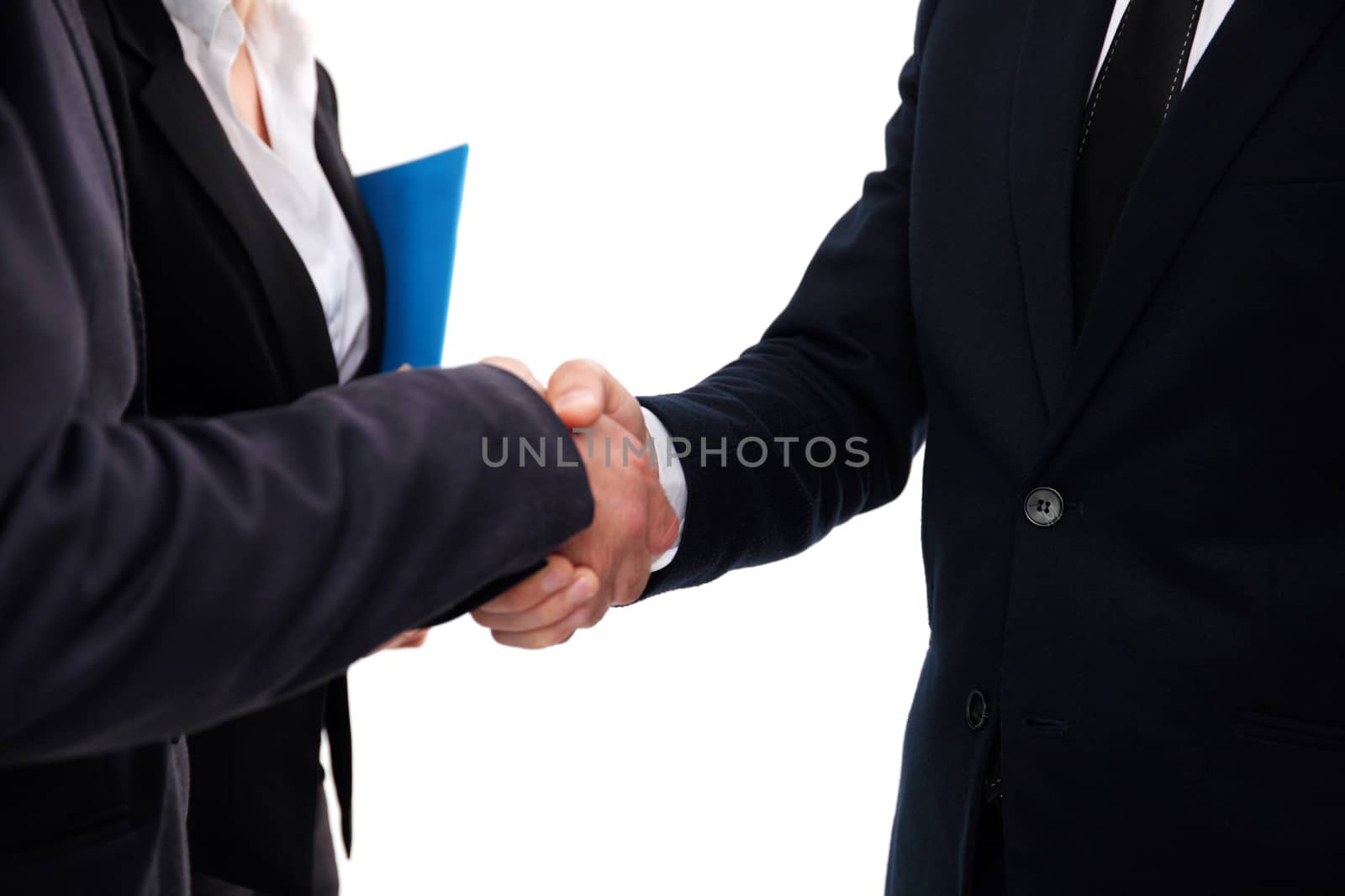 Business people shaking hands, finishing up a meeting, isolated on white background