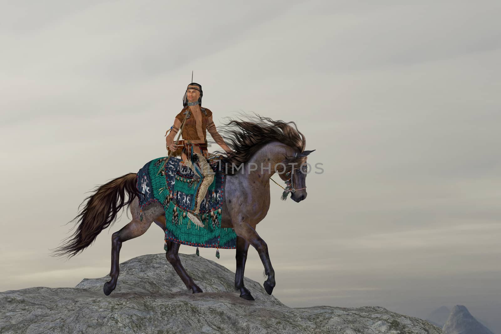 A North American Indian brave searches the mountains on his horse for big game to bring back to his tribe.