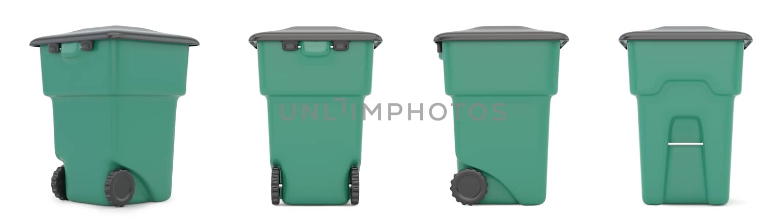 Set green closed container for garbage isolated on white background. 3d rendering.