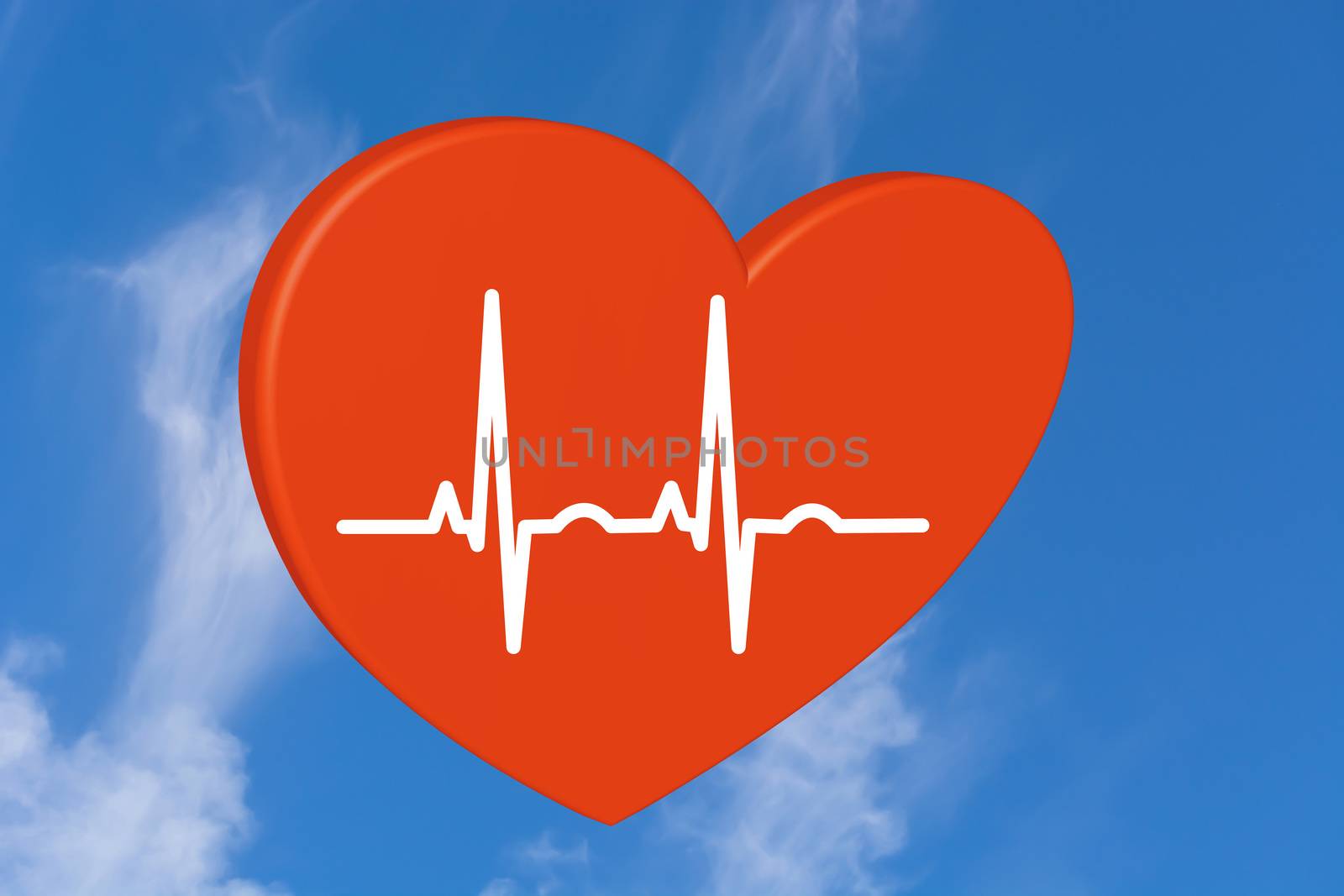 Red heart on a white background. Pulse rate chart. Electrocardiogram. Prevention of heart disease as a 3D rendering.