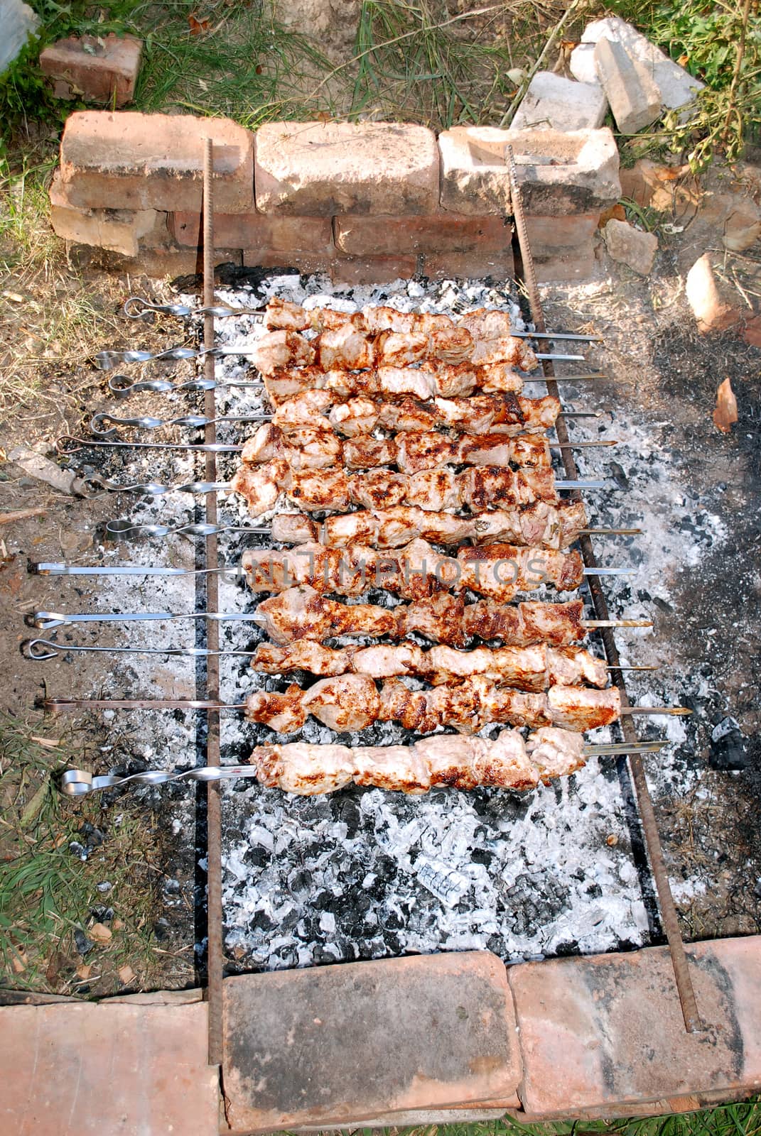 kebabs lying on metal rods and burning embers