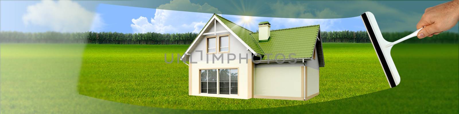 banner with a picture of a scraper for cleaning windows with a house on a green background