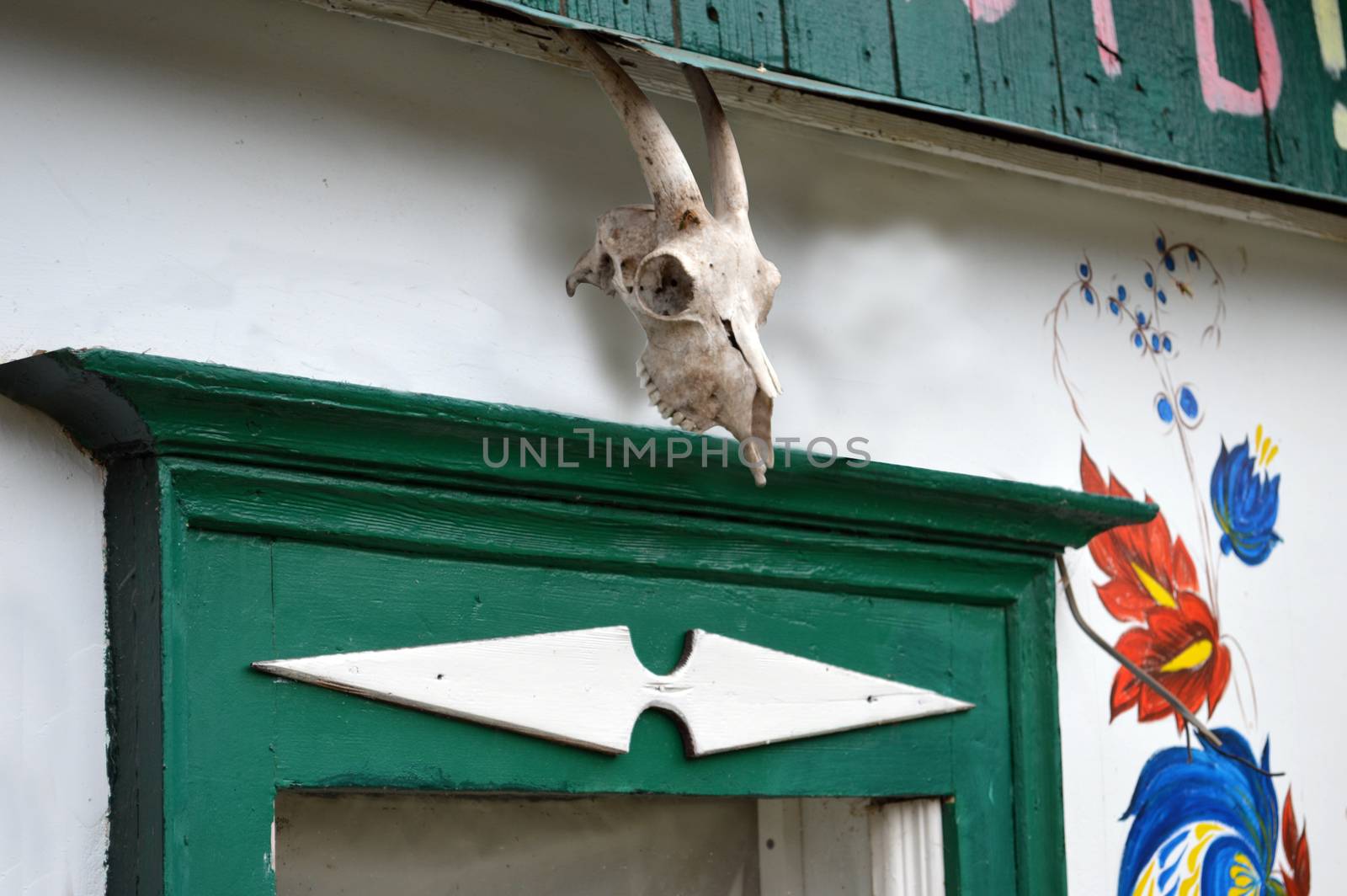 skull of an animal over a village hut window