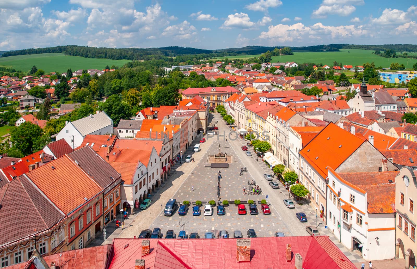 Aerial view of Peace Town Square from bell tower in Slavonice, Czech Canada, Czechia by pyty