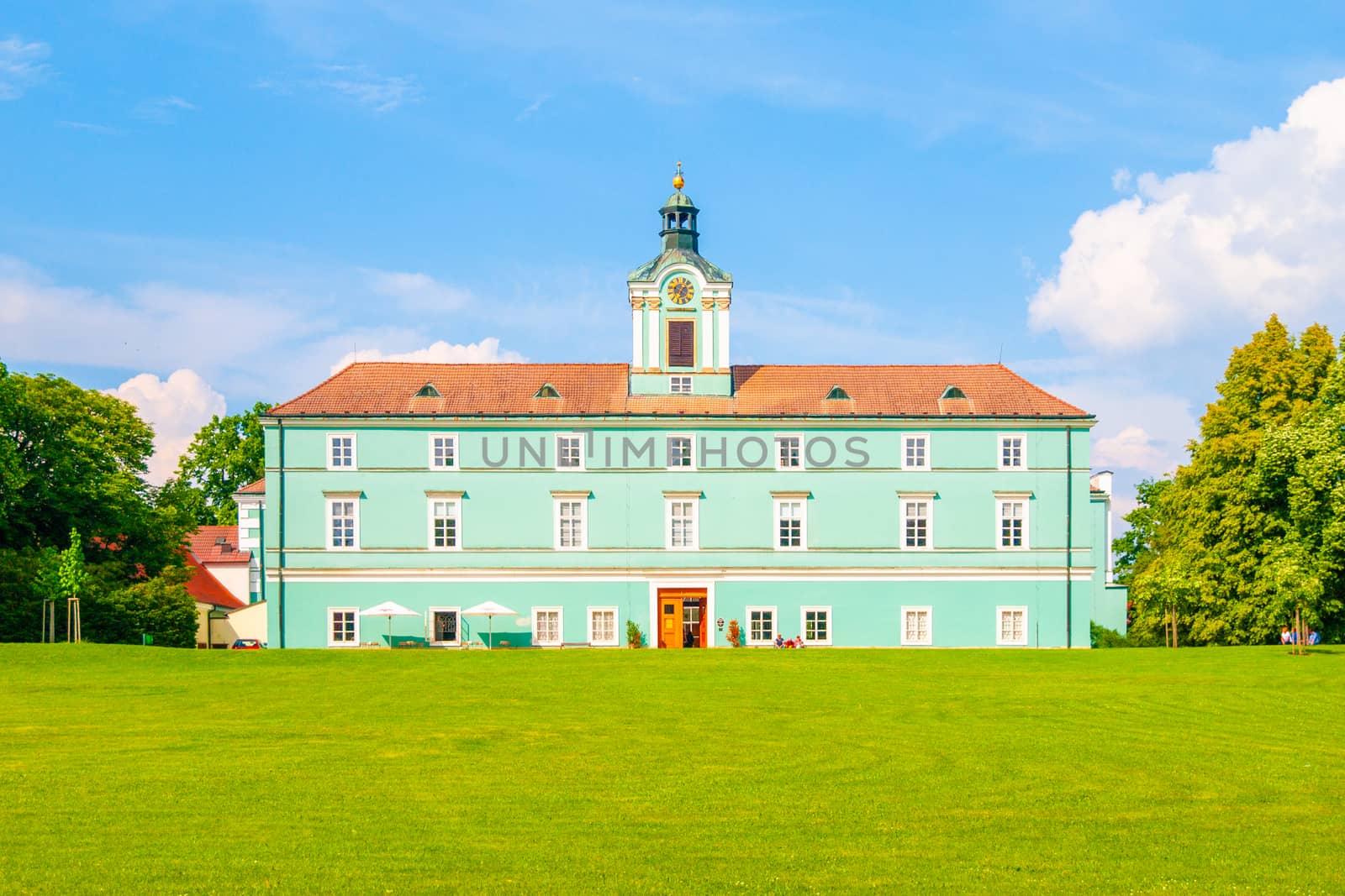 Green lawn in front of renaissance chateauin Dacice. Remodeled in the Baroque and Empire styles. Czech Republic by pyty