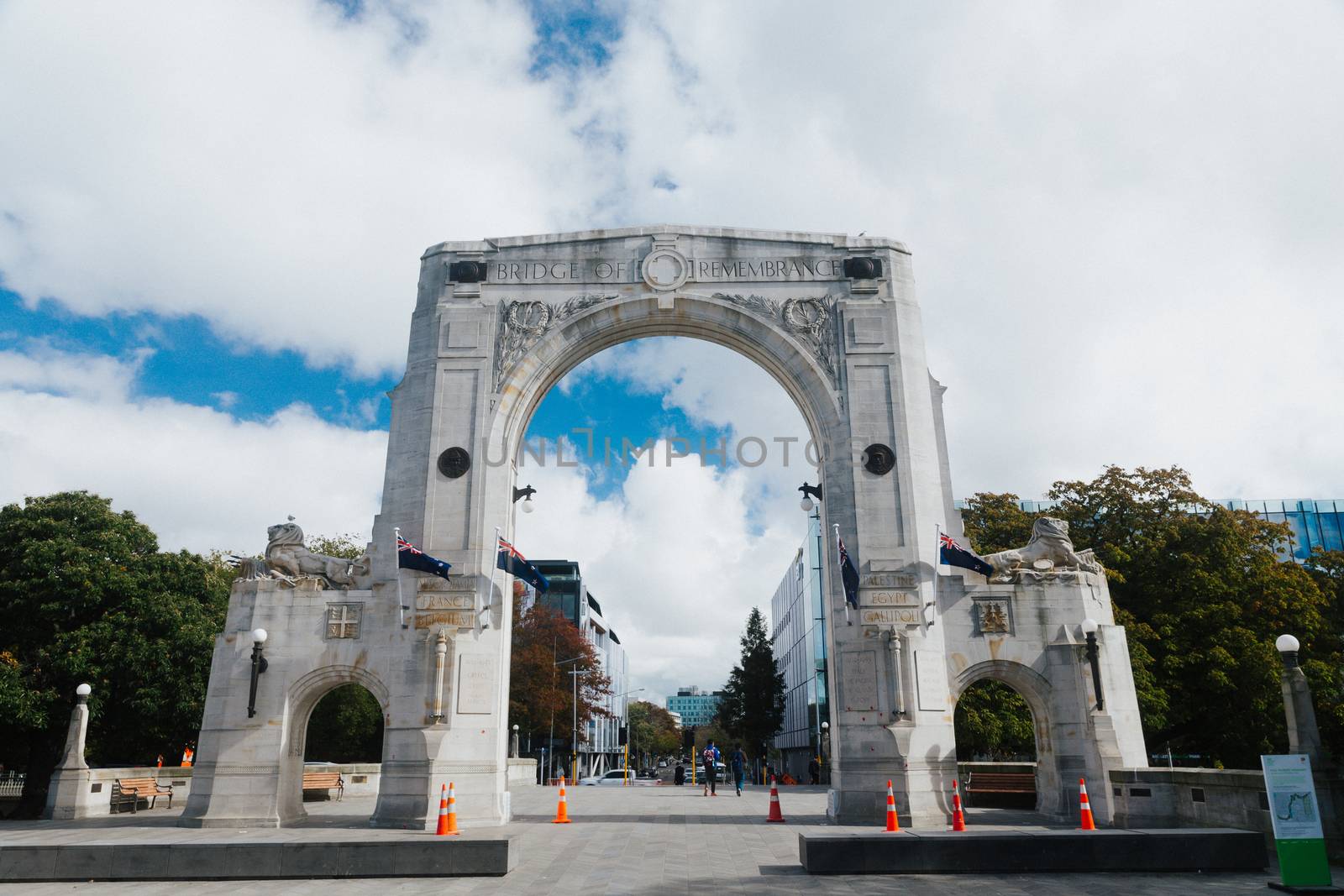 Bridge of Remembrance in the cloudy day. andmark located in Christchurch, New Zealand.