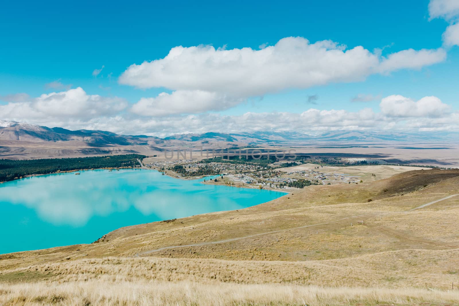 Aerial view of Lake Tekapo from Mount John Observatory in Canter by cozyta