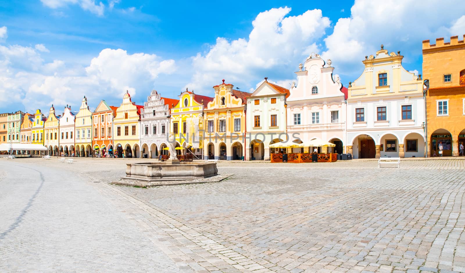 Picturesque renaissance houses on Zacharias of Hradec Square in Telc, Czech Republic, UNESCO World Heritage Site.