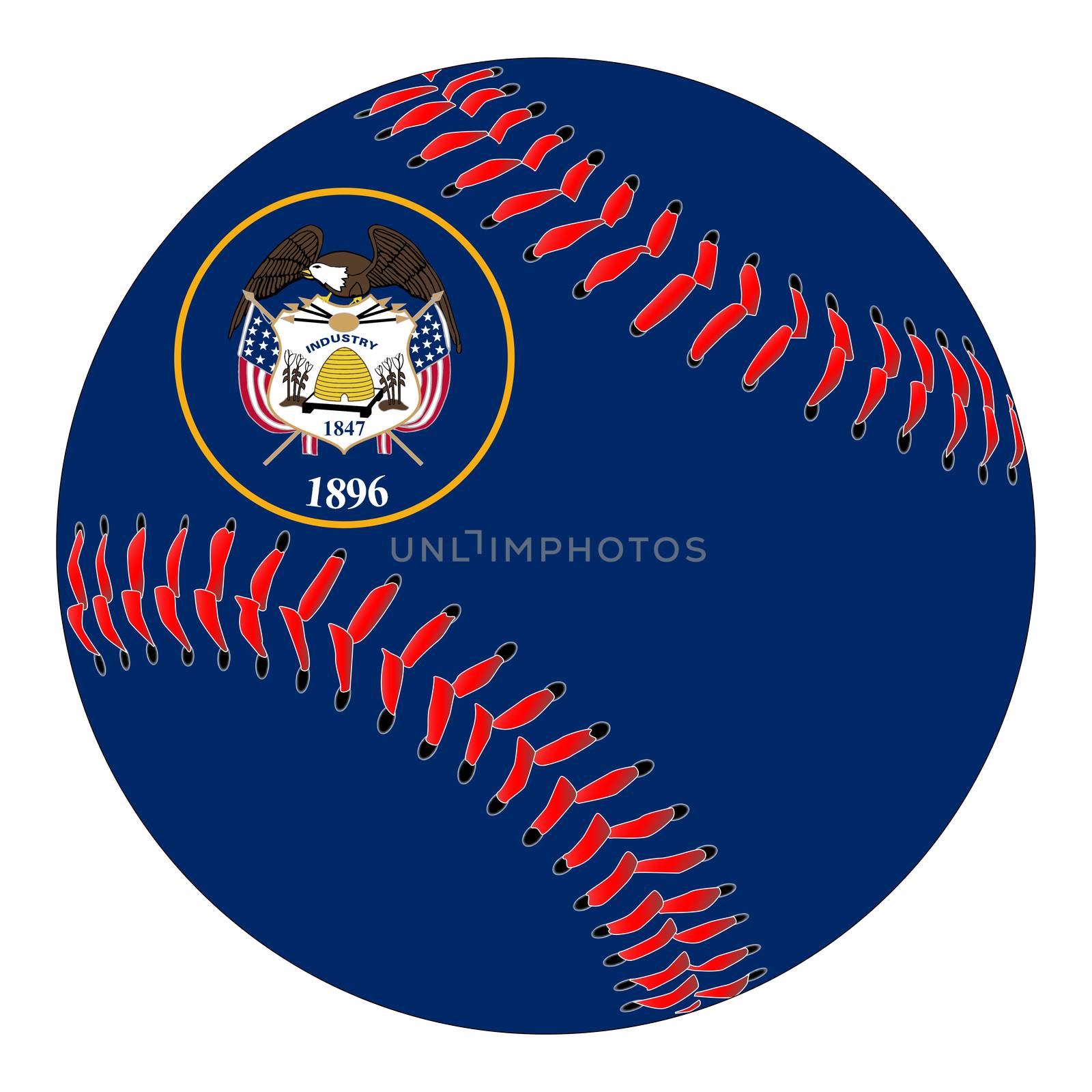 A new white baseball with red stitching with the Utah state flag overlay isolated on white