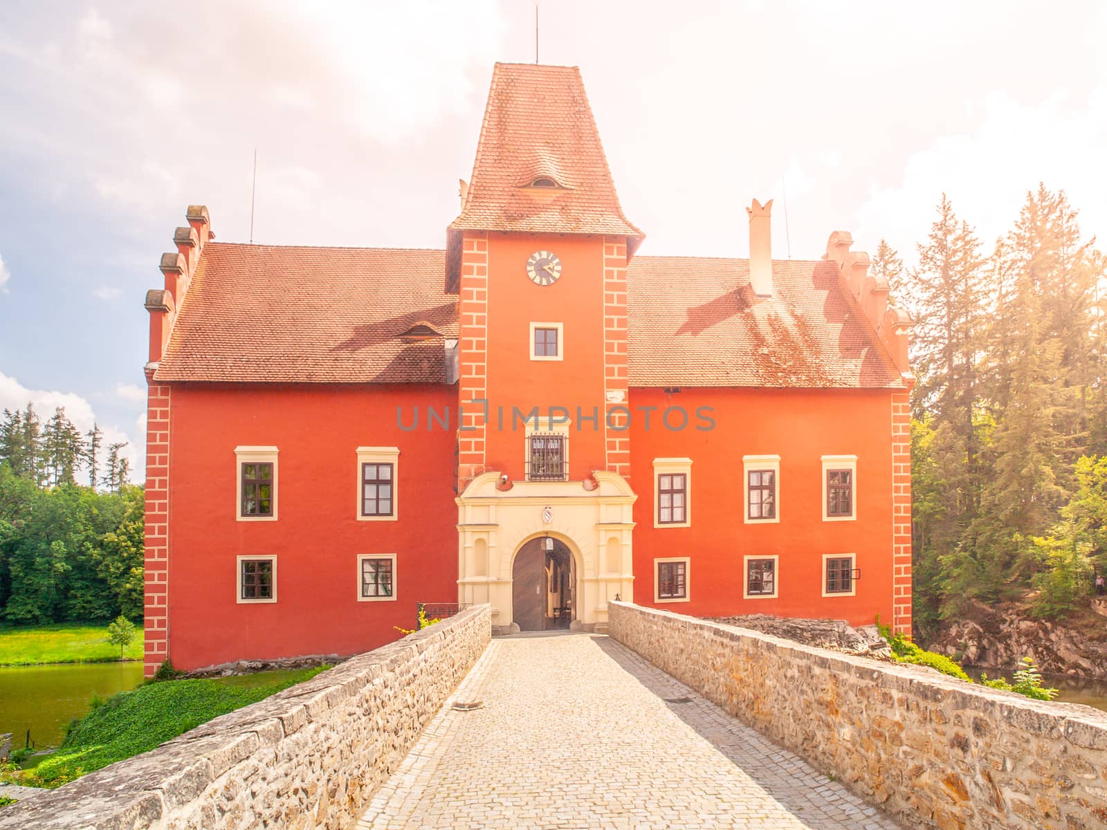Main entrance to Cervena Lhota - romantic red water castle, Czech Republic.