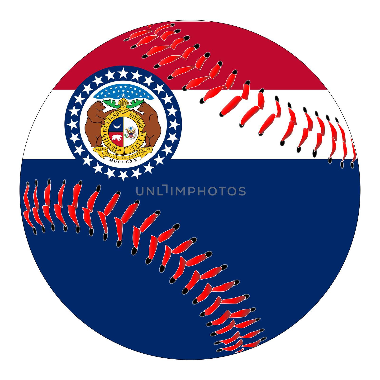 A new white baseball with red stitching with the Missouri state flag overlay isolated on white