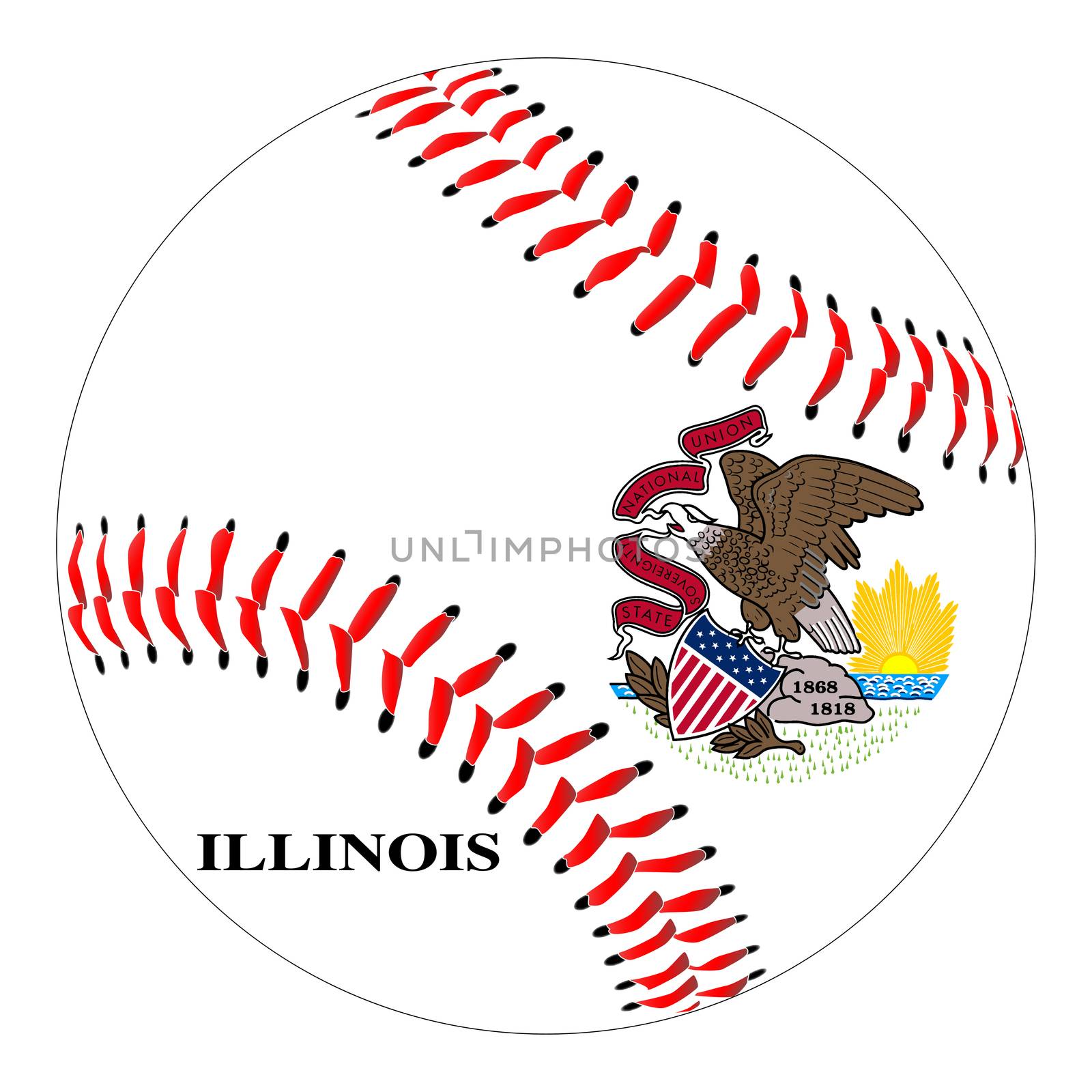 A new white baseball with red stitching with the Ilinois state flag overlay isolated on white