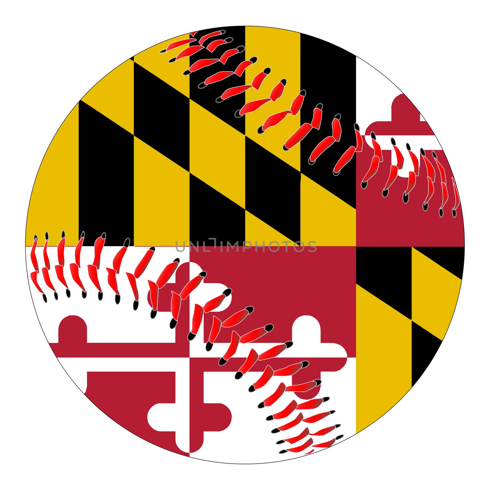 A new white baseball with red stitching with the Maryland state flag overlay isolated on white
