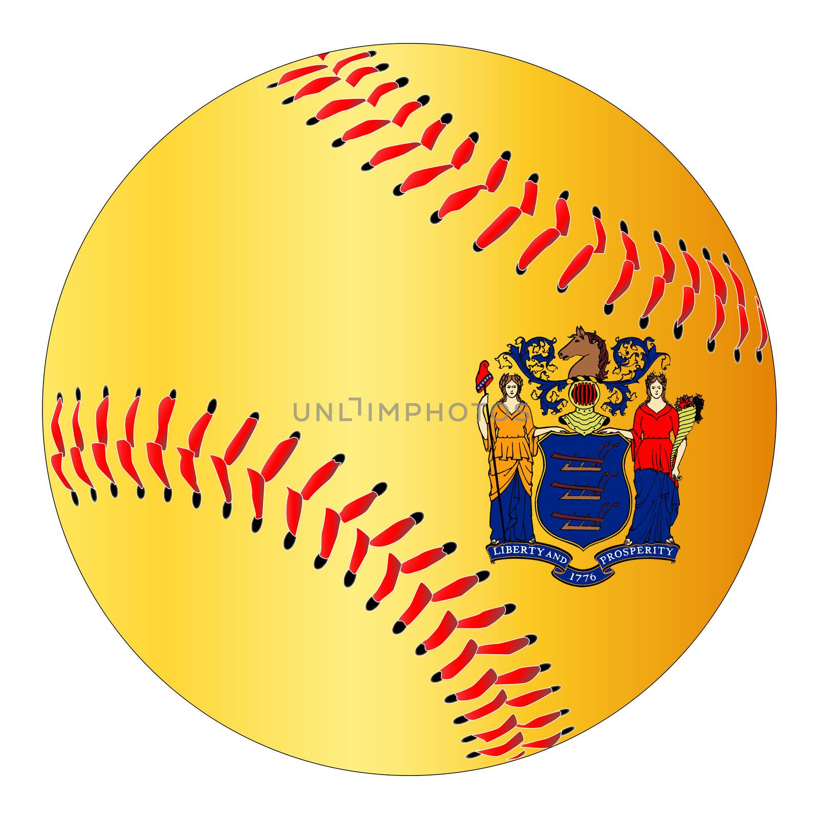 A new white baseball with red stitching with the New Jersey state flag overlay isolated on white