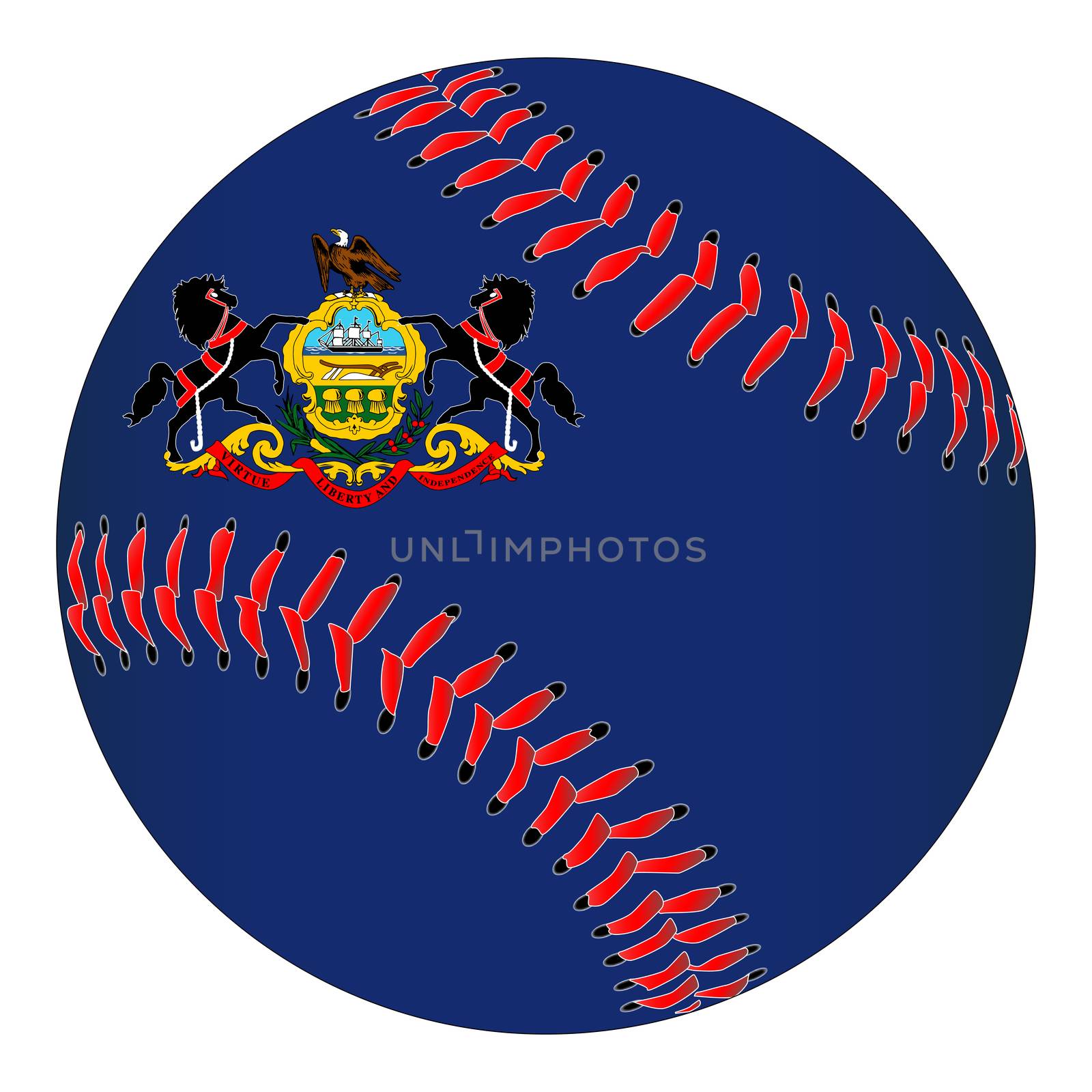 A new white baseball with red stitching with the Pennsylvania state flag overlay isolated on white