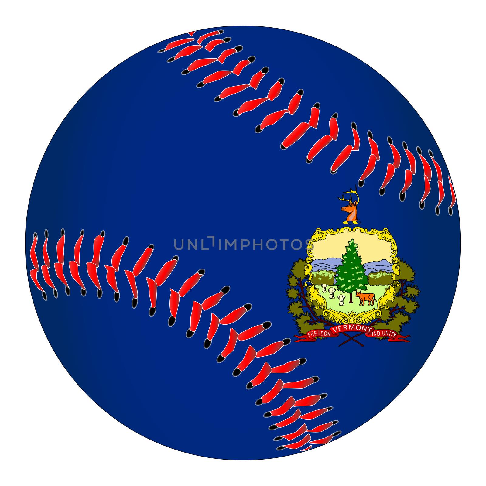 A new white baseball with red stitching with the Vermont state flag overlay isolated on white
