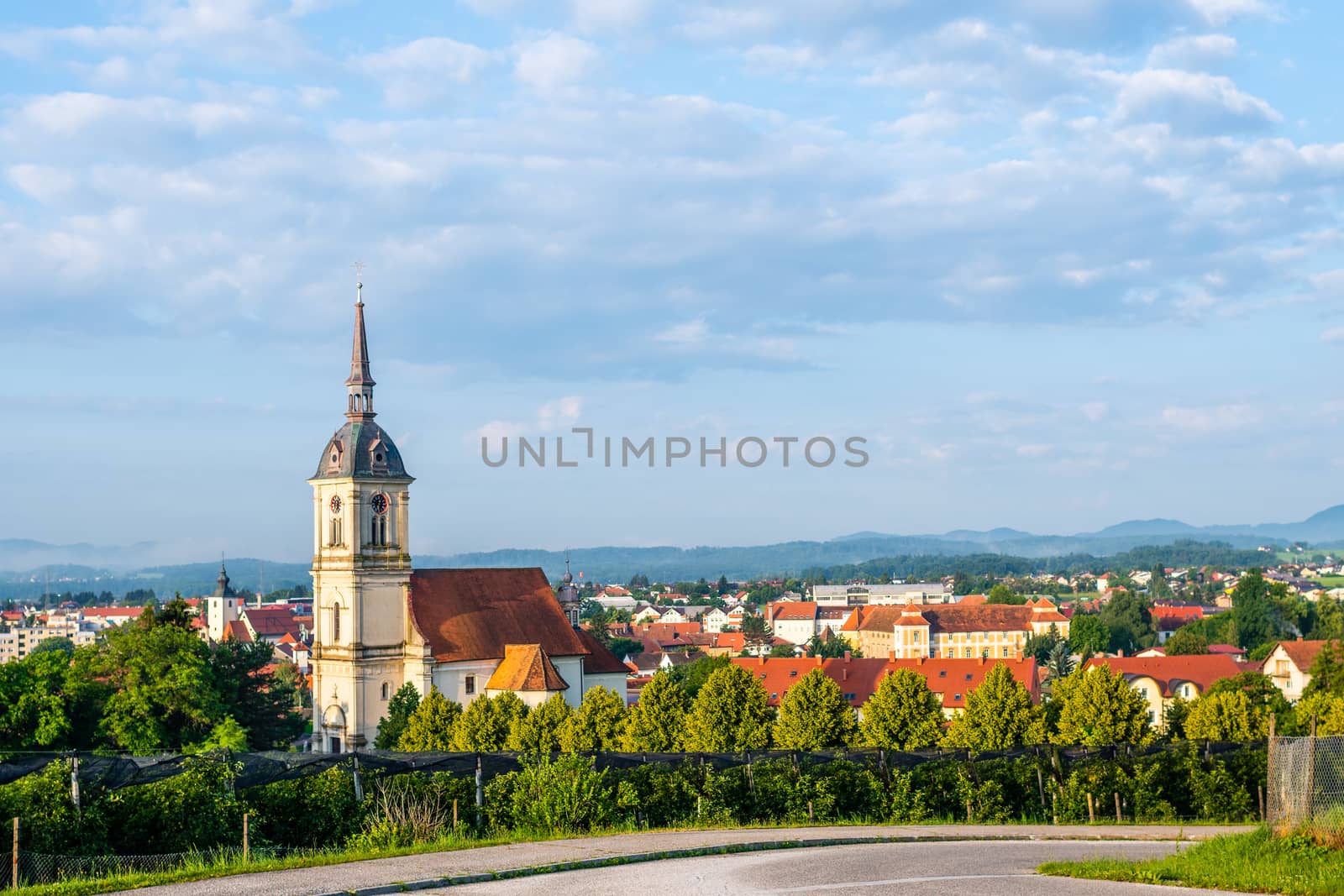 Panoramic view of Slovenska Bistrica, Slovenia, the church of St. Bartholomew dominates the towns skyline